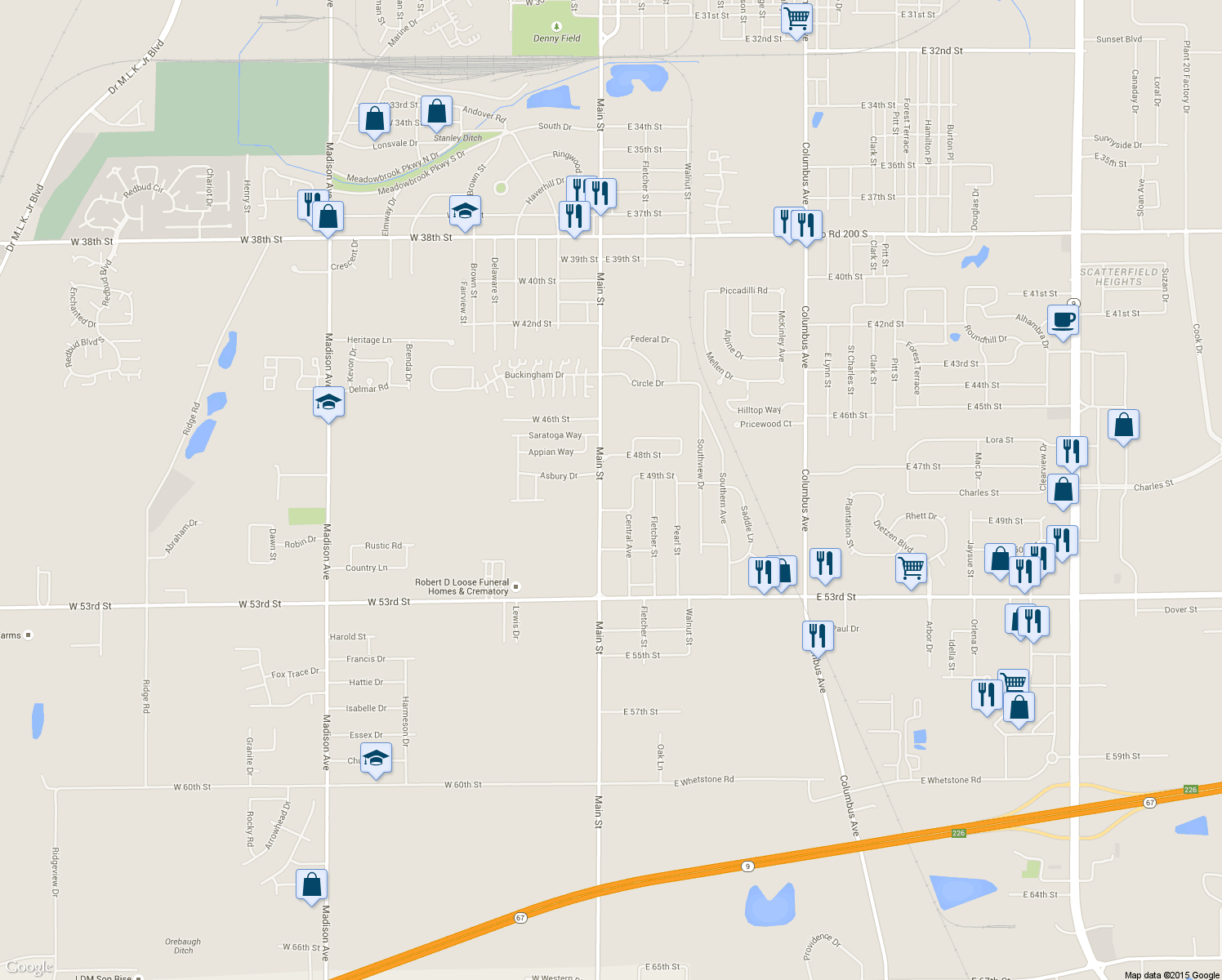 map of restaurants, bars, coffee shops, grocery stores, and more near 4900 Main Street in Anderson