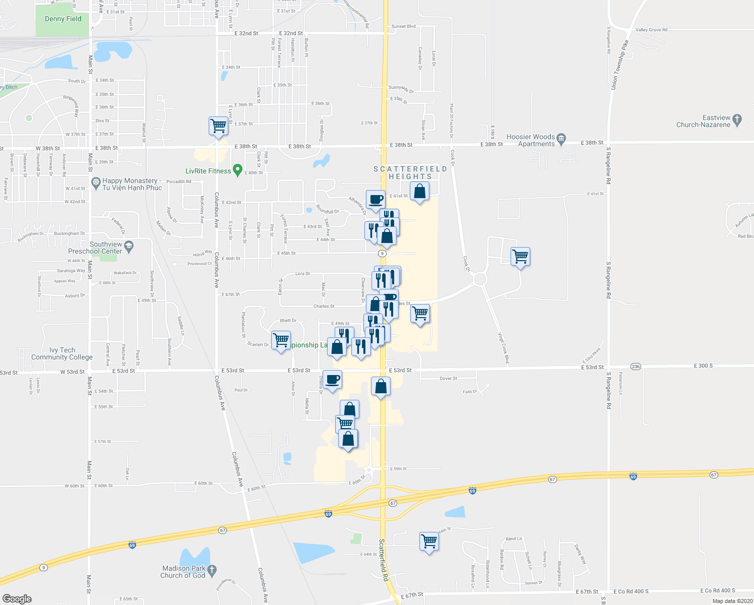 map of restaurants, bars, coffee shops, grocery stores, and more near Charles Street in Anderson