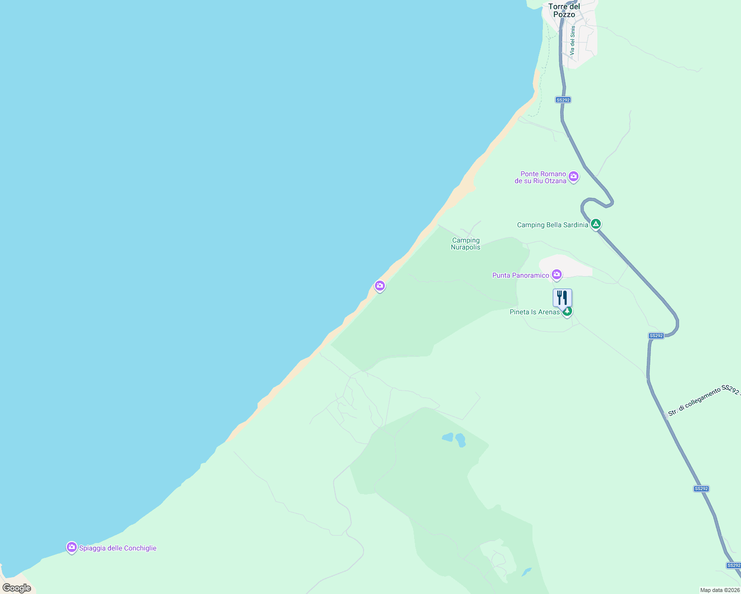 map of restaurants, bars, coffee shops, grocery stores, and more near Unnamed Road in Provincia di Oristano