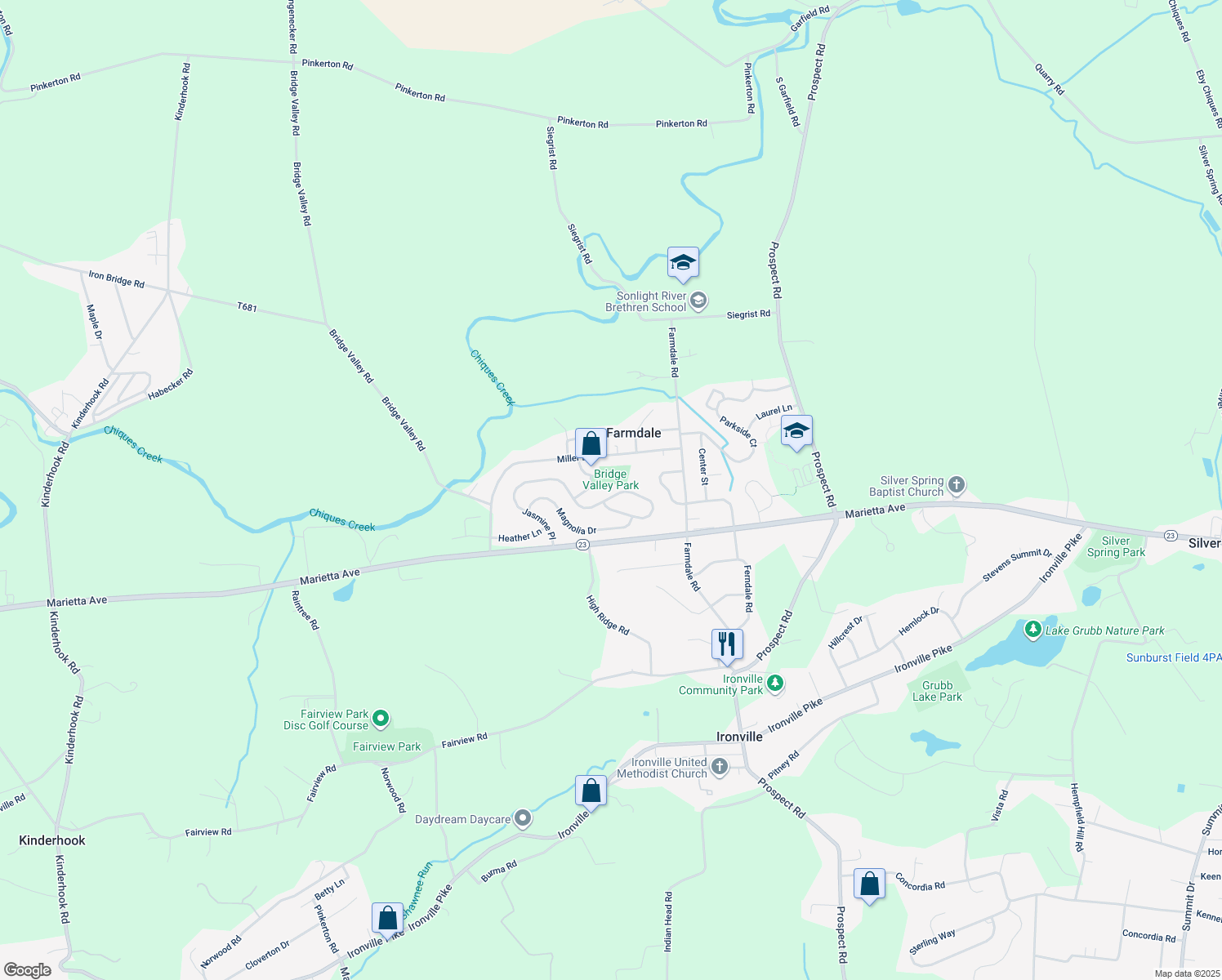 map of restaurants, bars, coffee shops, grocery stores, and more near 4109 Jasmine Place in Mount Joy