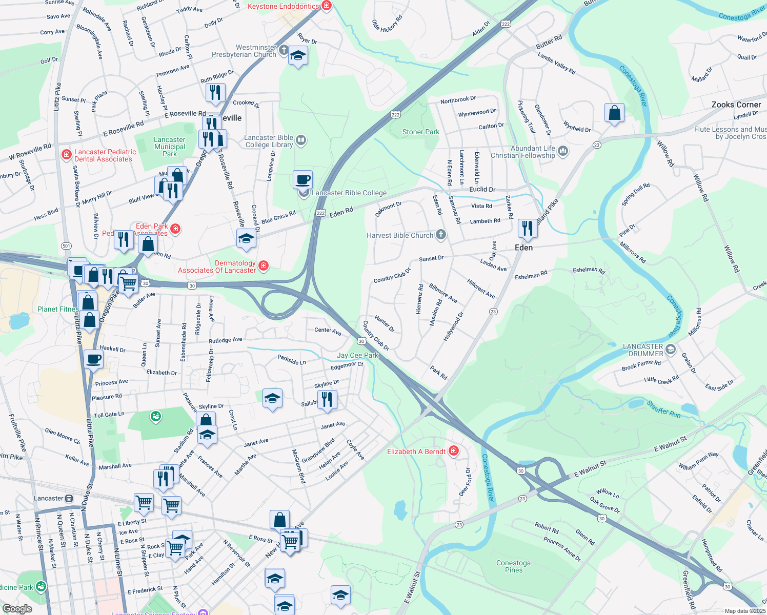 map of restaurants, bars, coffee shops, grocery stores, and more near 1330 Foxcroft Dr in Lancaster
