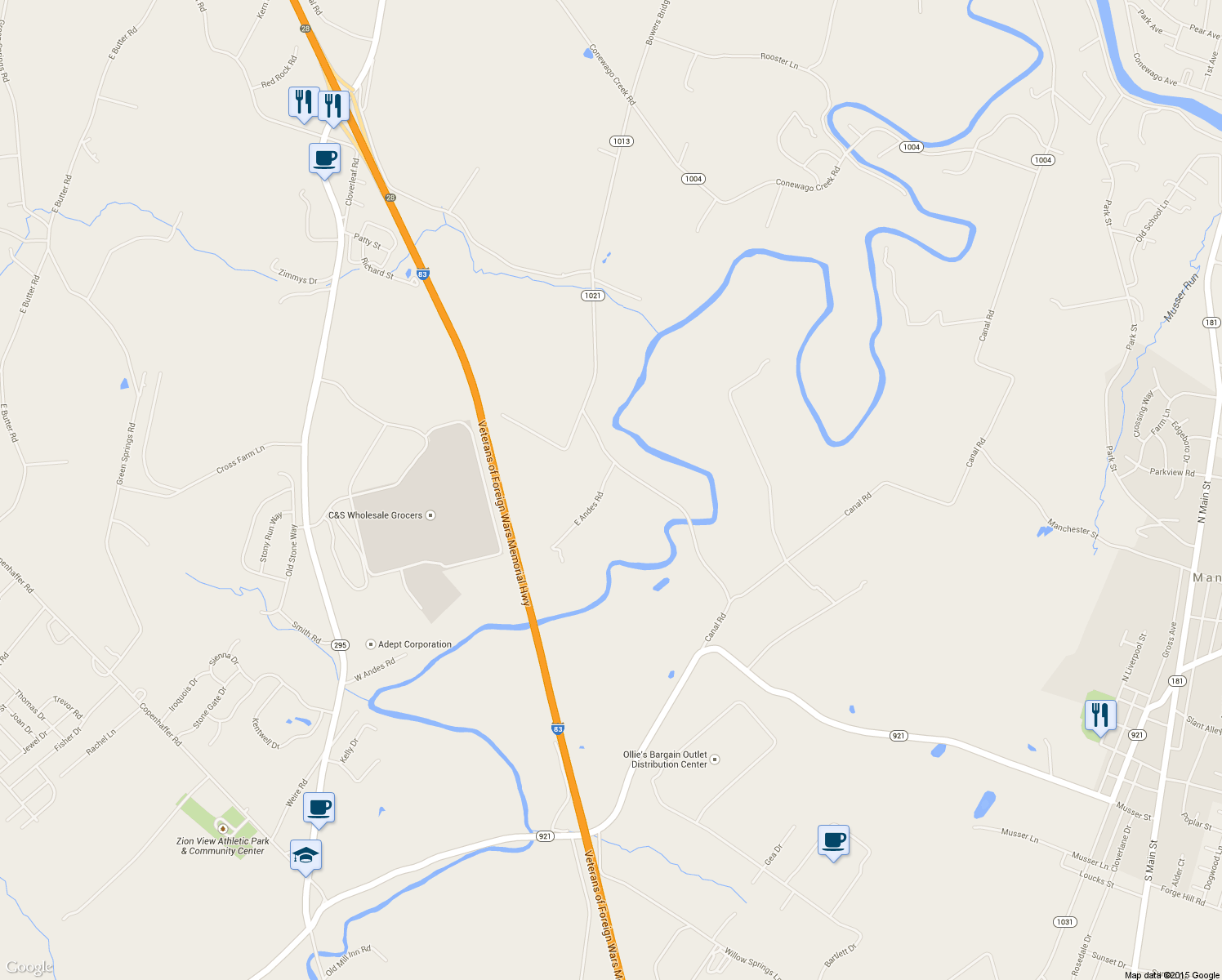 map of restaurants, bars, coffee shops, grocery stores, and more near 40 East Andes Road in York