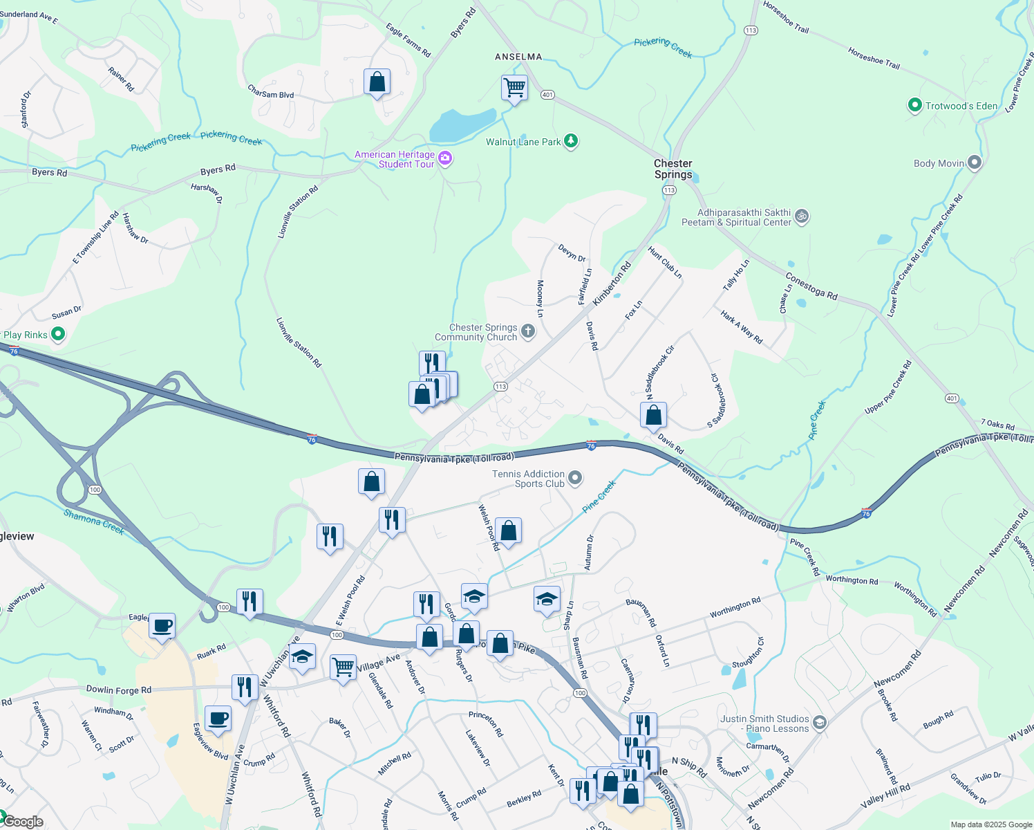 map of restaurants, bars, coffee shops, grocery stores, and more near 2601 Trinity Court in Chester Springs