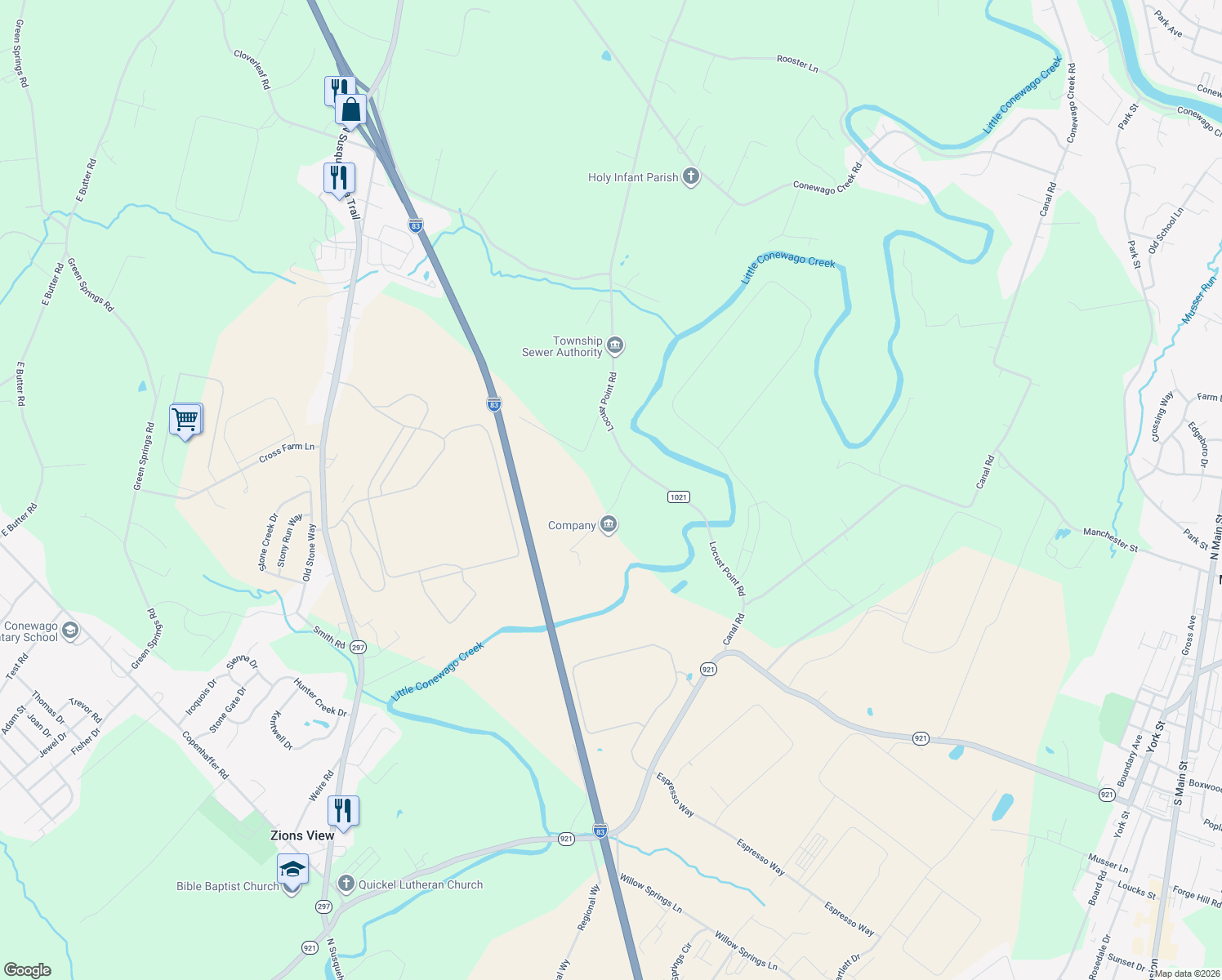 map of restaurants, bars, coffee shops, grocery stores, and more near 45 East Andes Road in York