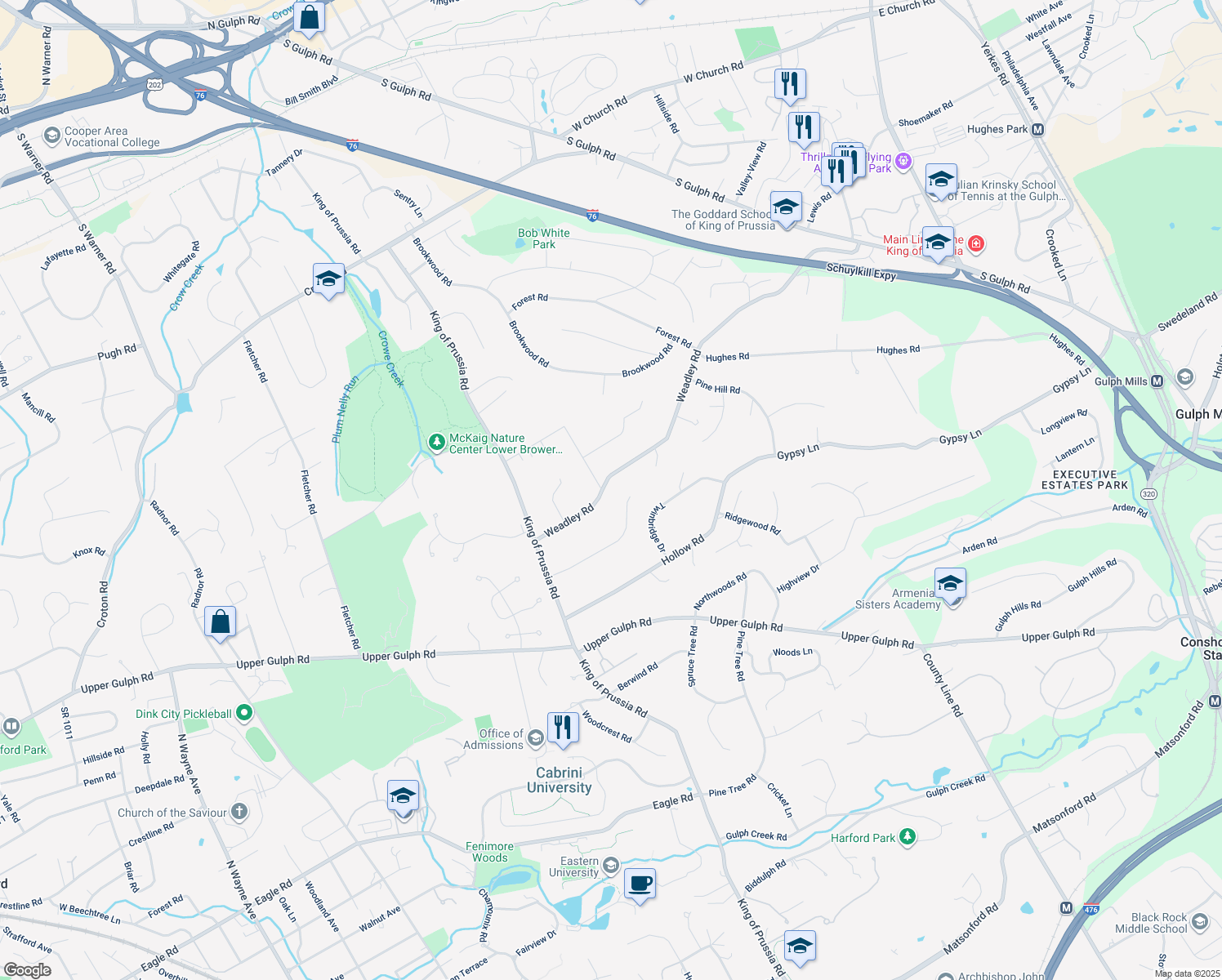 map of restaurants, bars, coffee shops, grocery stores, and more near 896 Weadley Road in Wayne