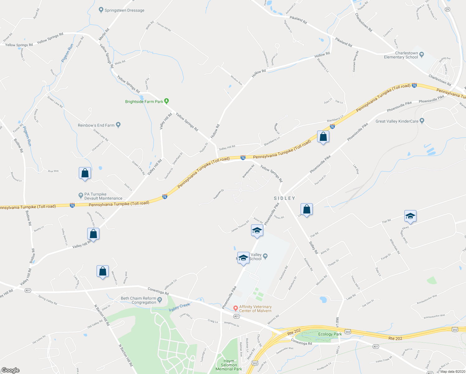 map of restaurants, bars, coffee shops, grocery stores, and more near 204 Yorktown Court in Malvern