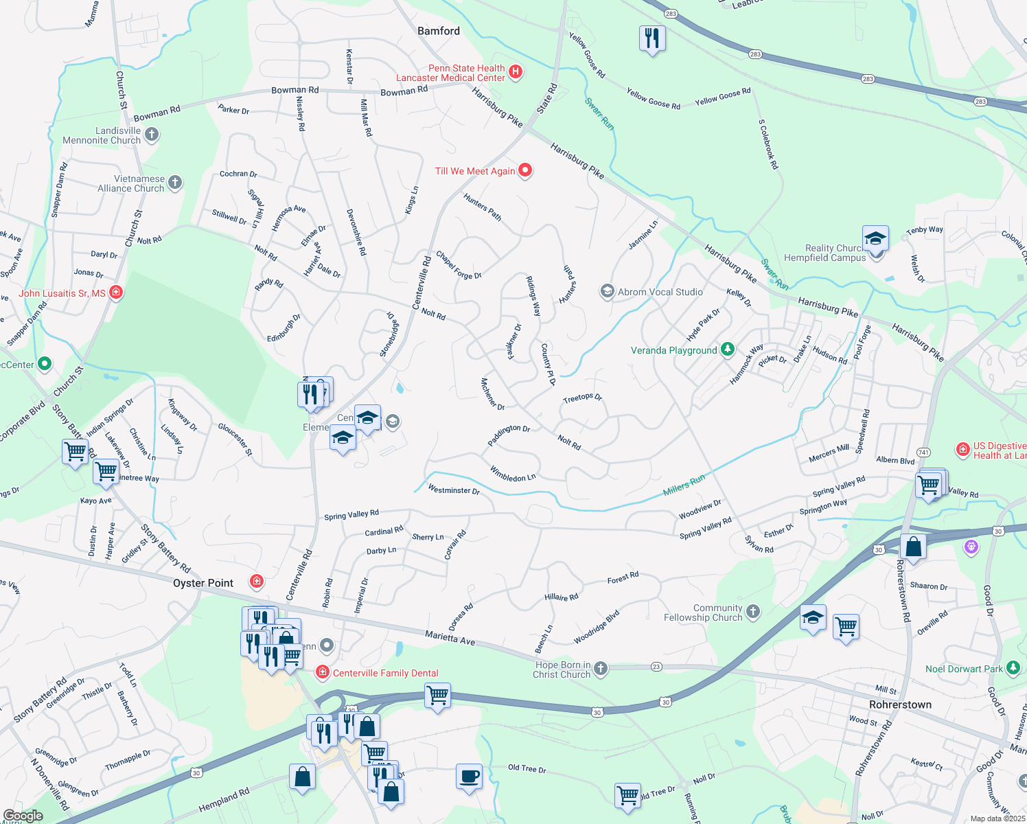 map of restaurants, bars, coffee shops, grocery stores, and more near 2820 Michener Drive in Lancaster