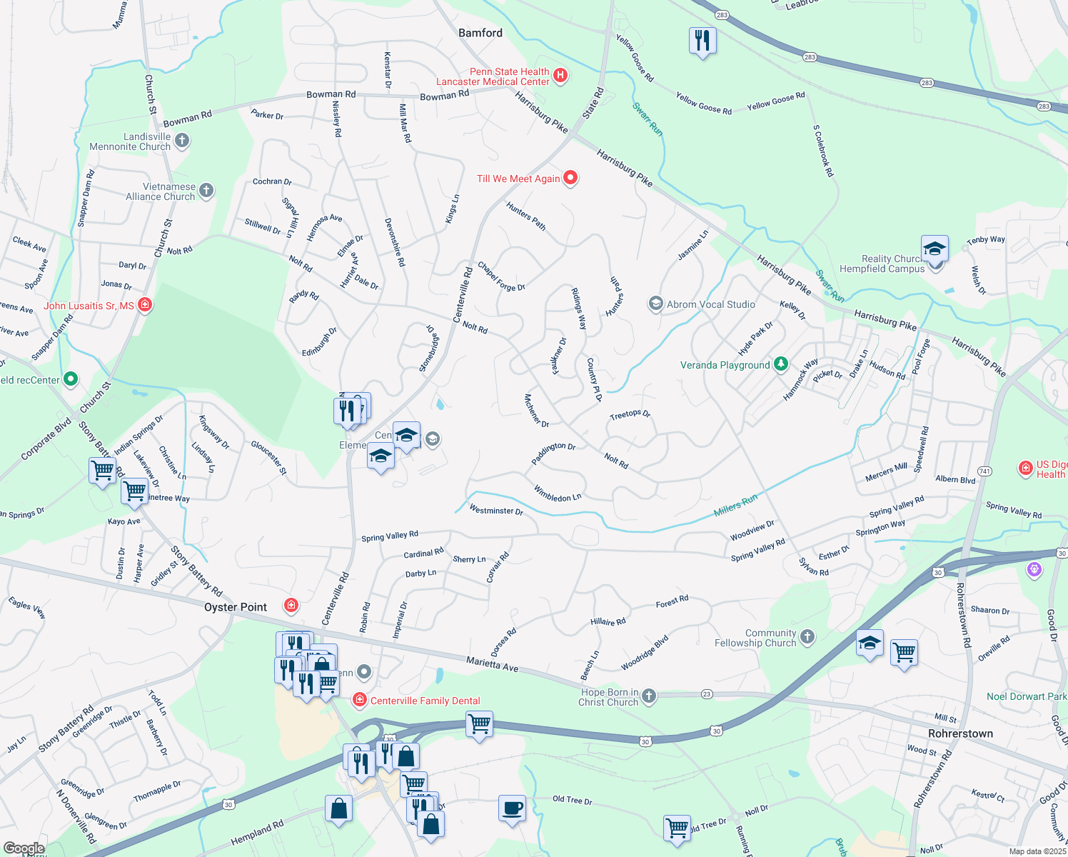 map of restaurants, bars, coffee shops, grocery stores, and more near 2844 Michener Drive in Lancaster