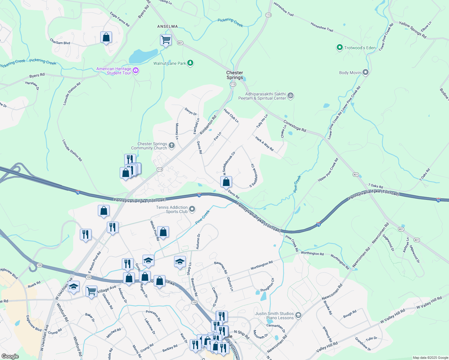 map of restaurants, bars, coffee shops, grocery stores, and more near 403 North Saddlebrook Circle in Chester Springs