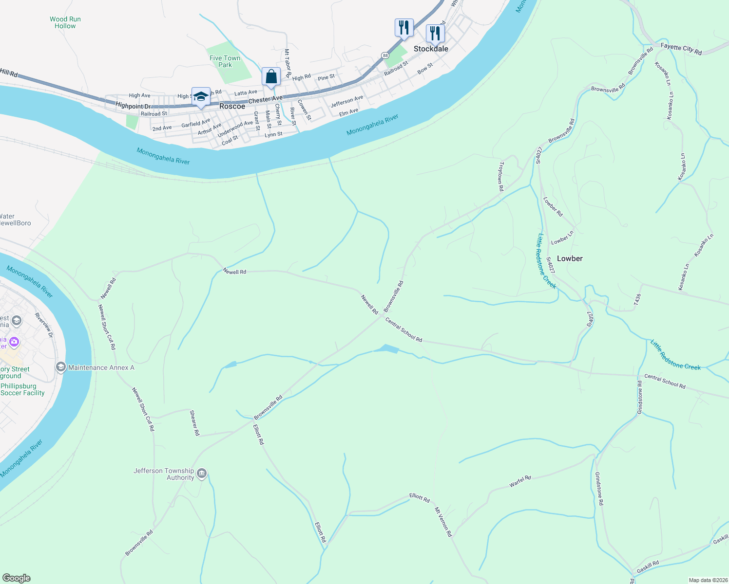 map of restaurants, bars, coffee shops, grocery stores, and more near 213-215 State Route 4036 in Fayette City