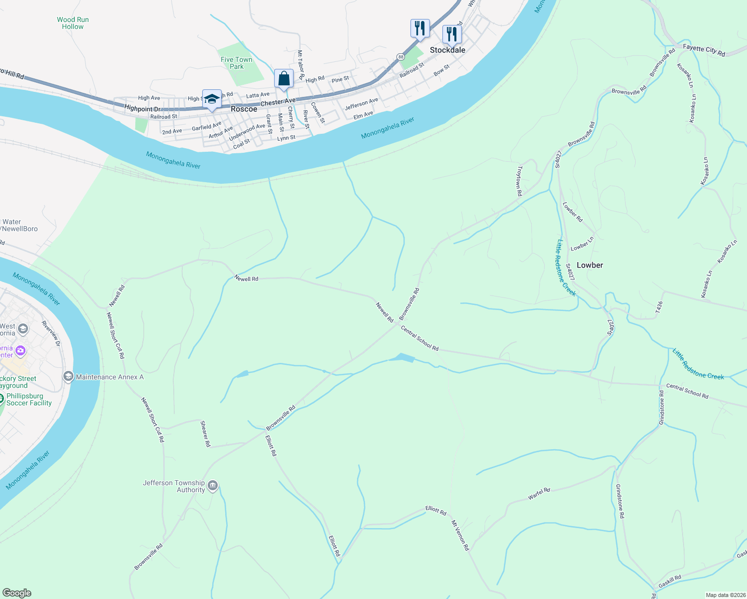 map of restaurants, bars, coffee shops, grocery stores, and more near 215 State Route 4036 in Fayette City