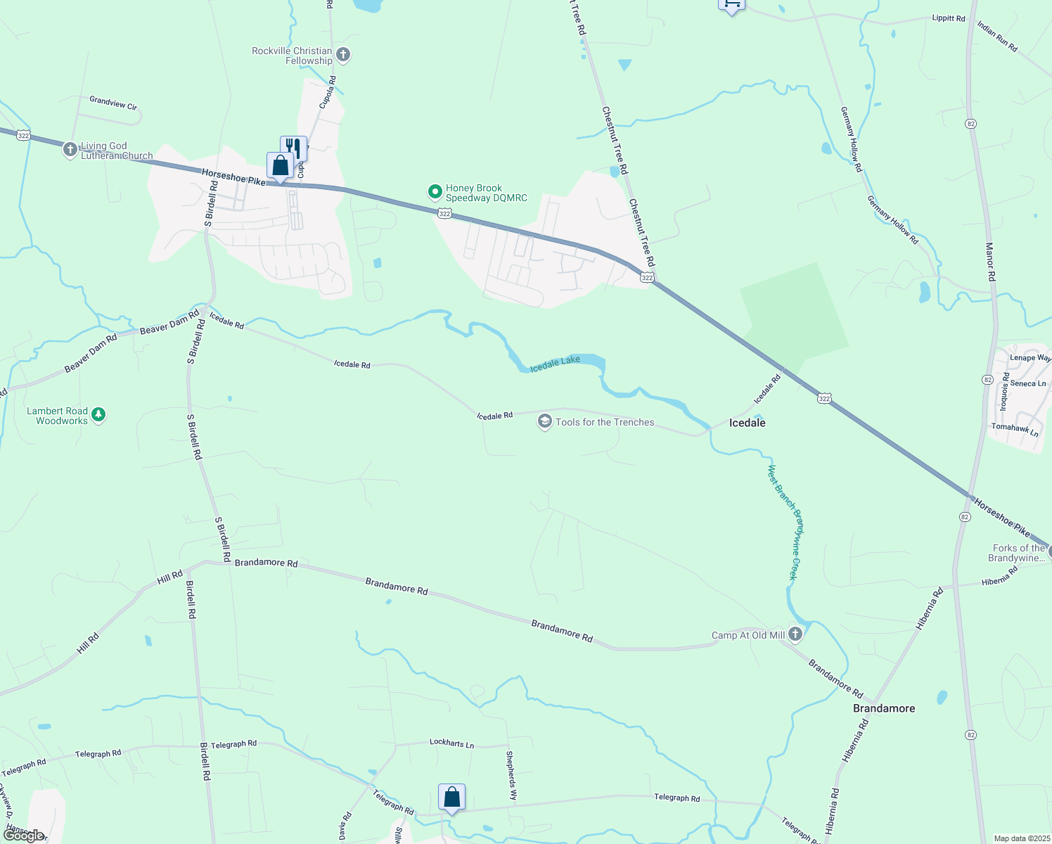 map of restaurants, bars, coffee shops, grocery stores, and more near 242 Icedale Road in Honey Brook