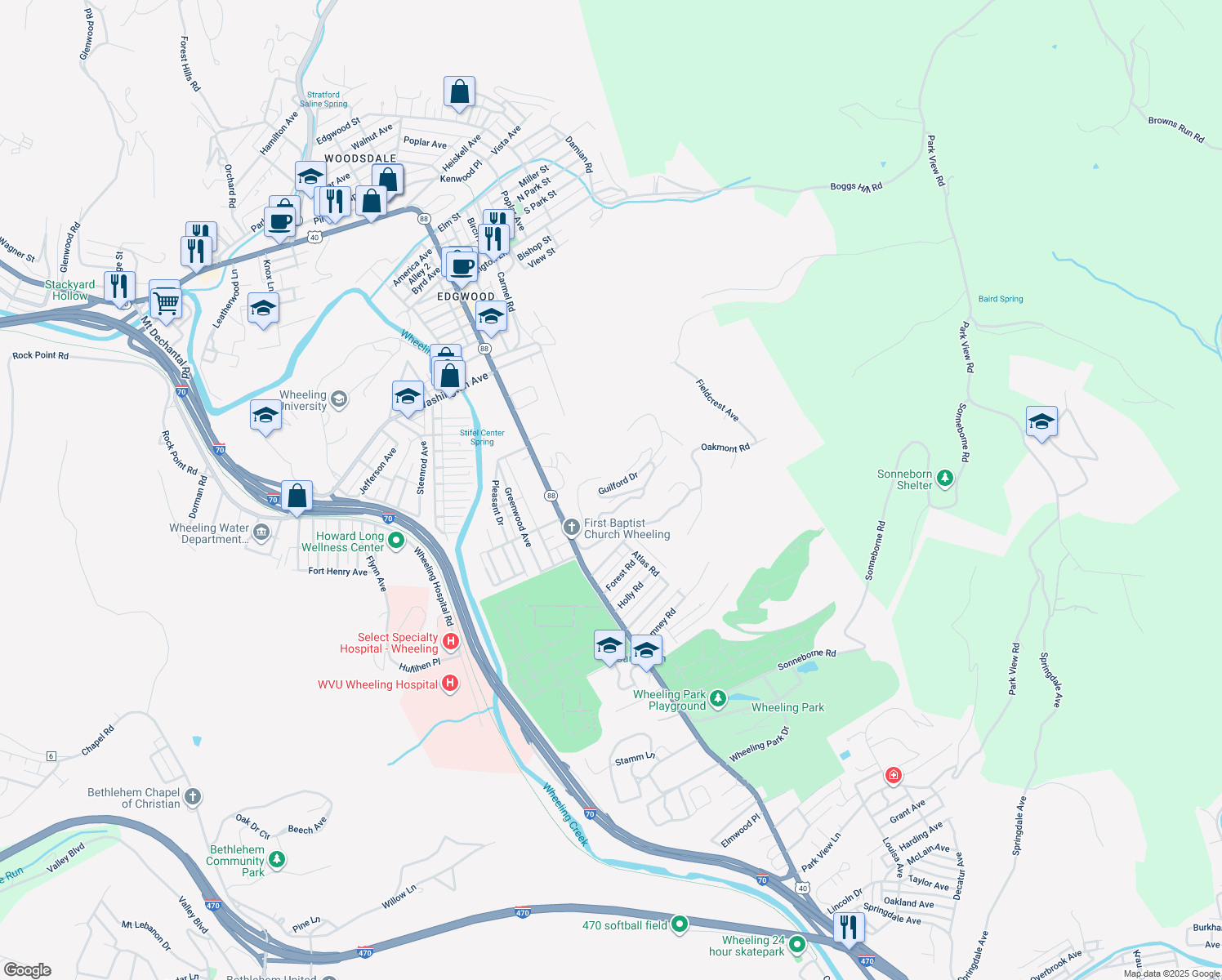 map of restaurants, bars, coffee shops, grocery stores, and more near 41 Fairfax Drive in Wheeling