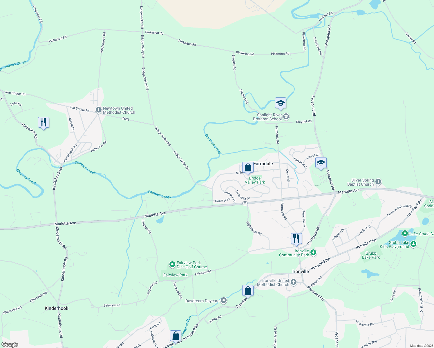 map of restaurants, bars, coffee shops, grocery stores, and more near 4557 Miller Drive in Mount Joy