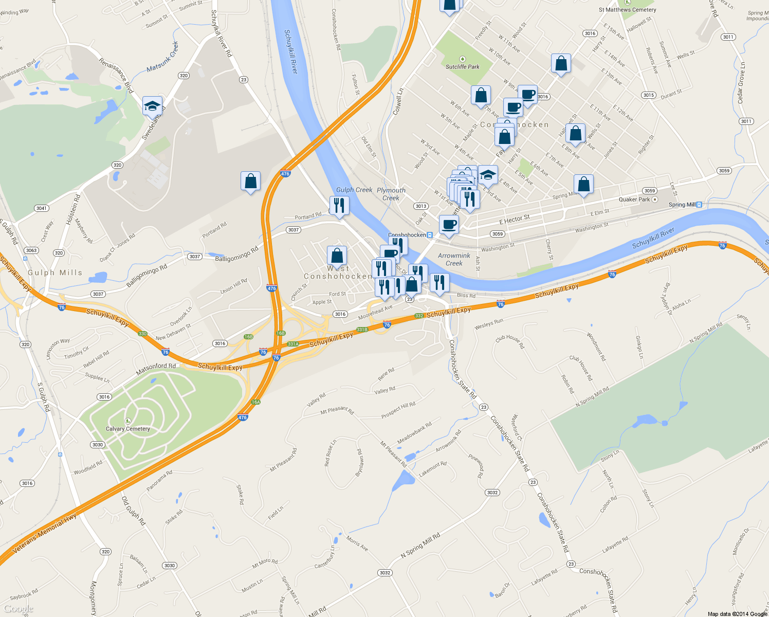 map of restaurants, bars, coffee shops, grocery stores, and more near 146 Moorehead Avenue in Conshohocken