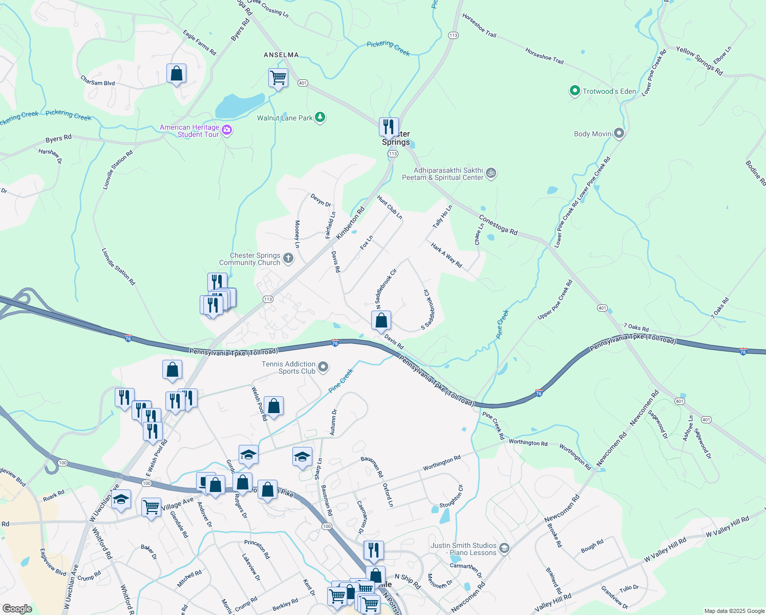 map of restaurants, bars, coffee shops, grocery stores, and more near 404 North Saddlebrook Circle in Chester Springs