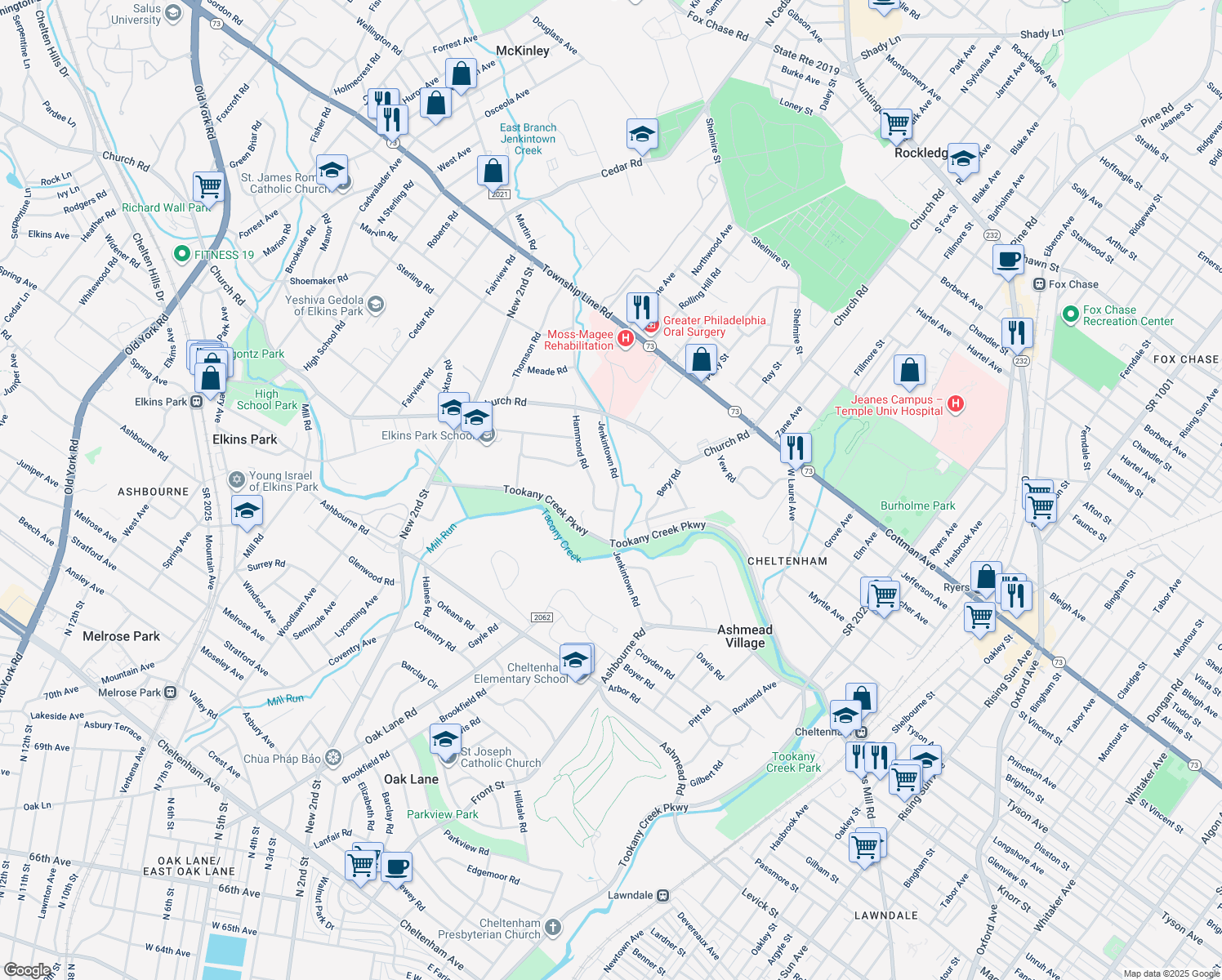 map of restaurants, bars, coffee shops, grocery stores, and more near 8014 Jenkintown Road in Montgomery County
