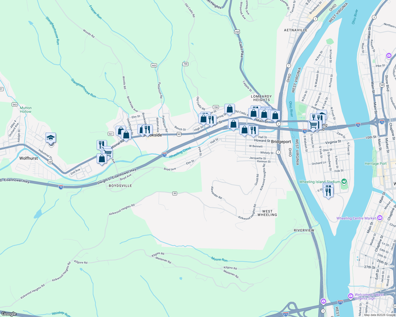 map of restaurants, bars, coffee shops, grocery stores, and more near 1125 Minellen Drive in Bridgeport