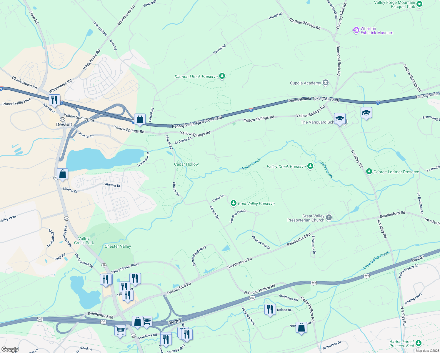 map of restaurants, bars, coffee shops, grocery stores, and more near 2341 Pheasant Hill Lane in Malvern