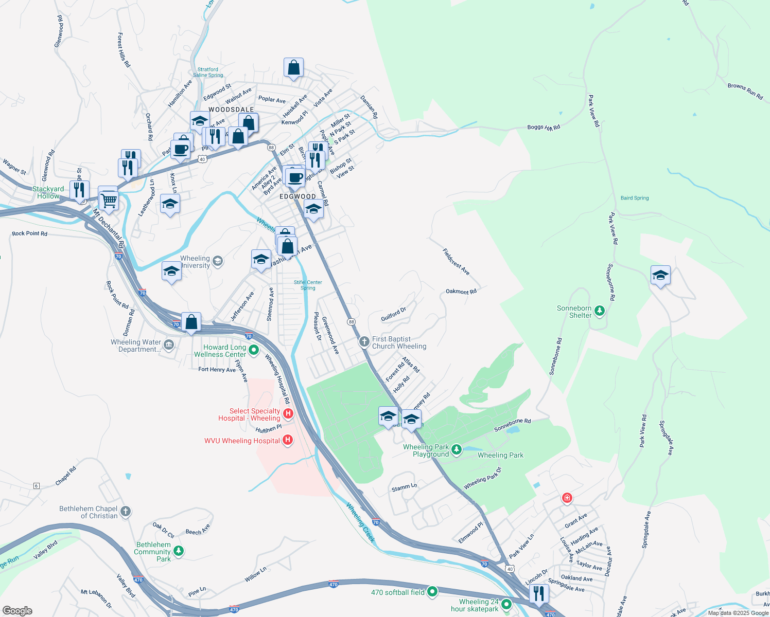 map of restaurants, bars, coffee shops, grocery stores, and more near 41 Fairfax Drive in Wheeling