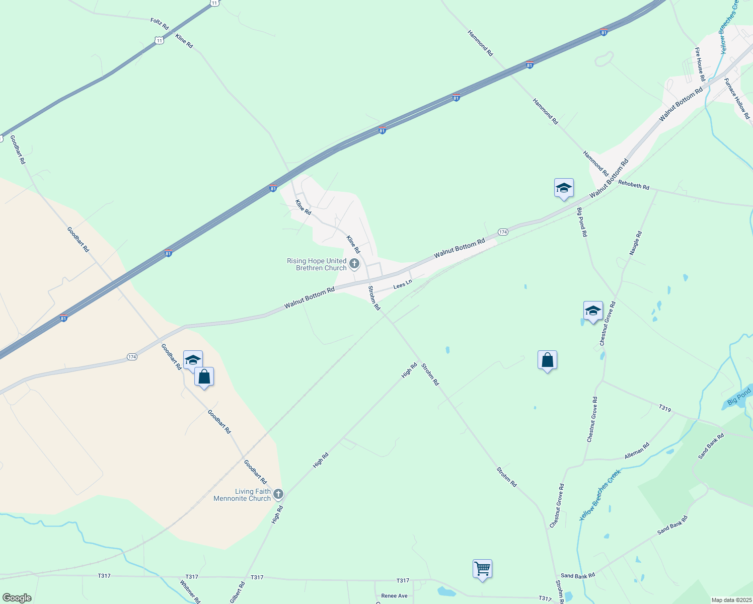 map of restaurants, bars, coffee shops, grocery stores, and more near 12 Strohm Road in Shippensburg