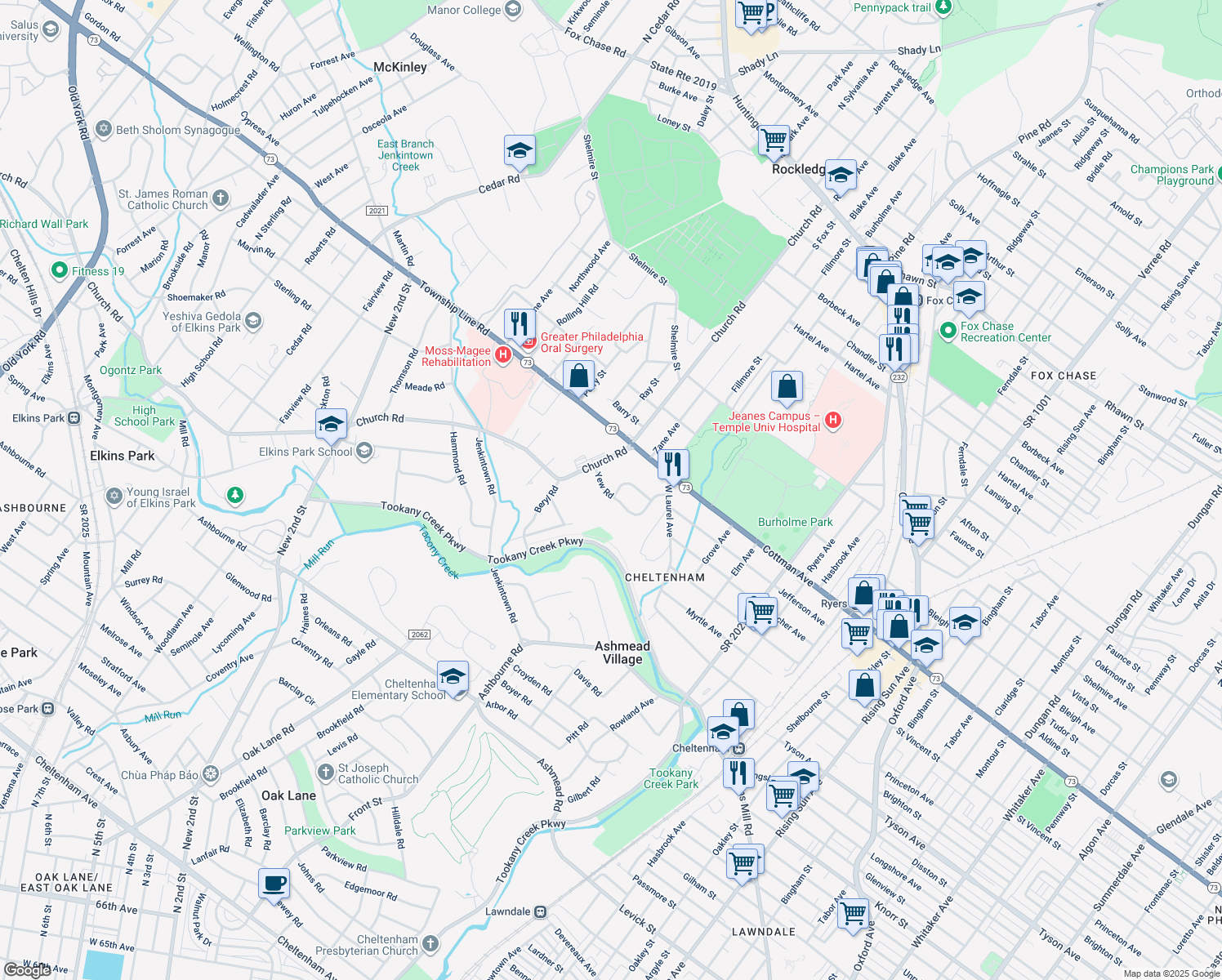 map of restaurants, bars, coffee shops, grocery stores, and more near 137 Krewson Lane in Cheltenham
