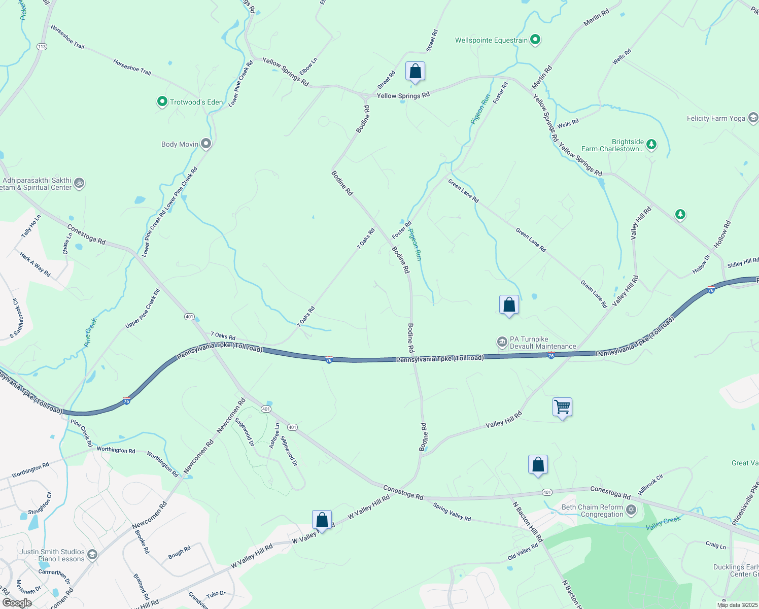 map of restaurants, bars, coffee shops, grocery stores, and more near 10 Hedgerow Lane in Malvern