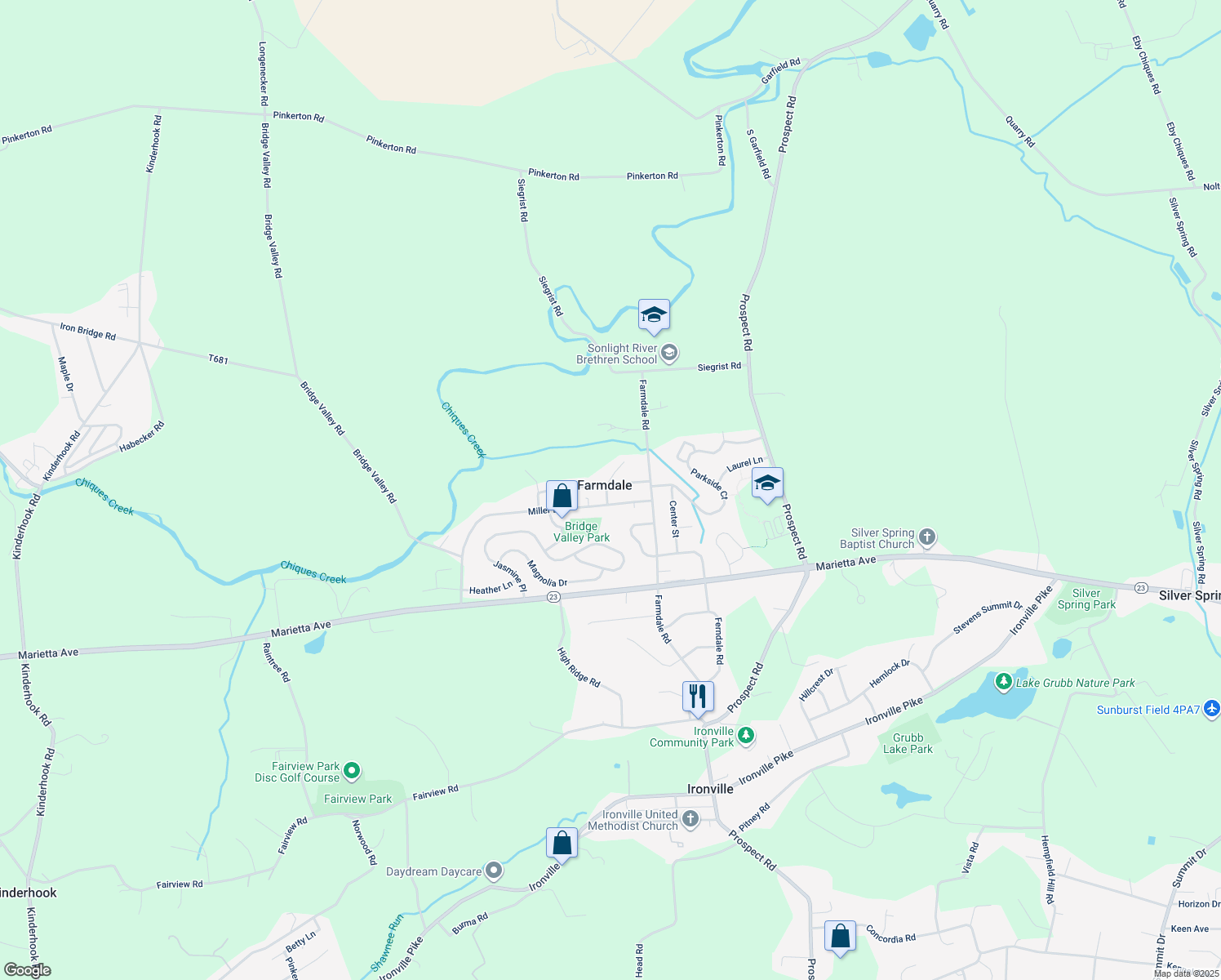 map of restaurants, bars, coffee shops, grocery stores, and more near 4432 Chinchilla Avenue in Mount Joy