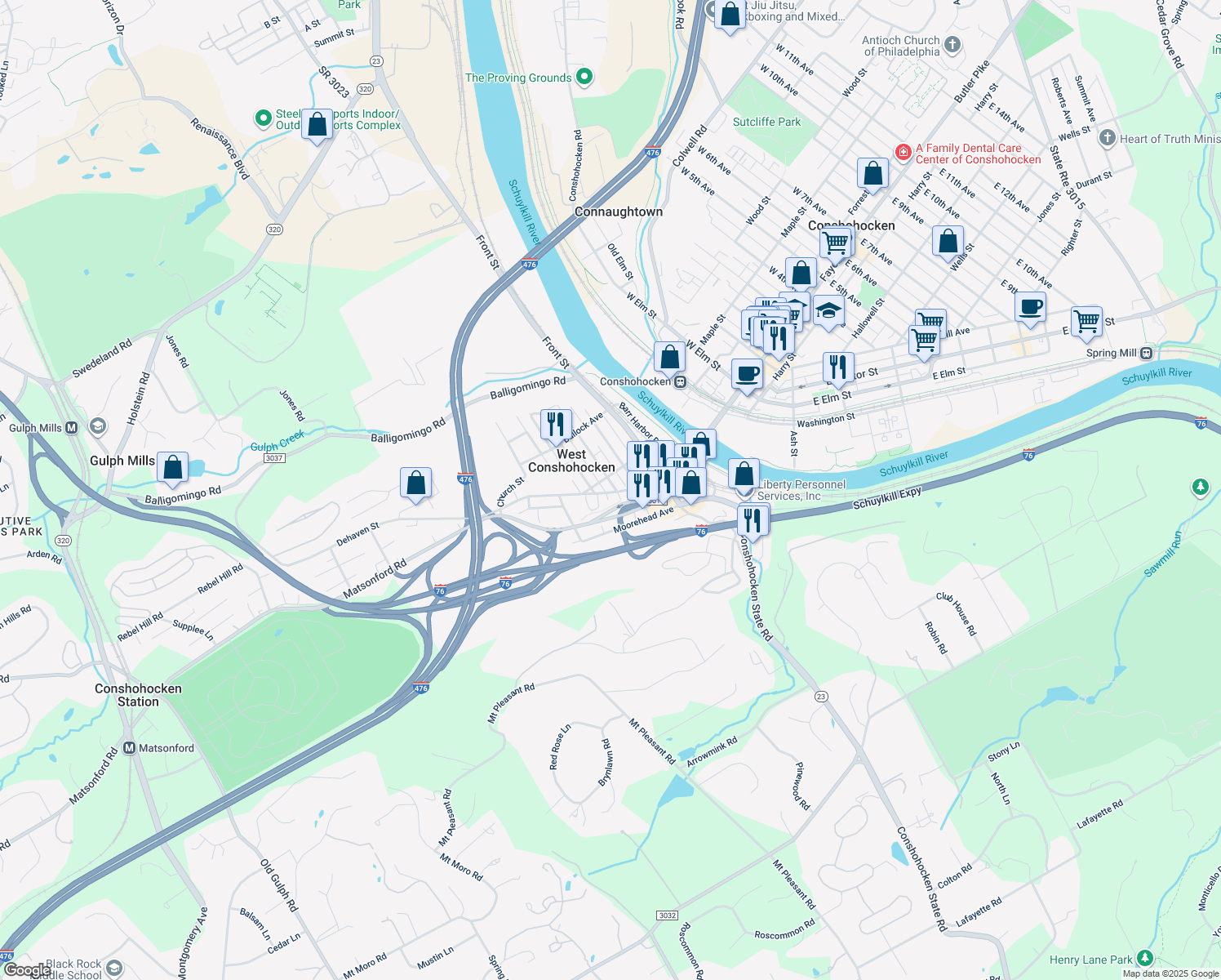 map of restaurants, bars, coffee shops, grocery stores, and more near 5 Cedar Ave in West Conshohocken