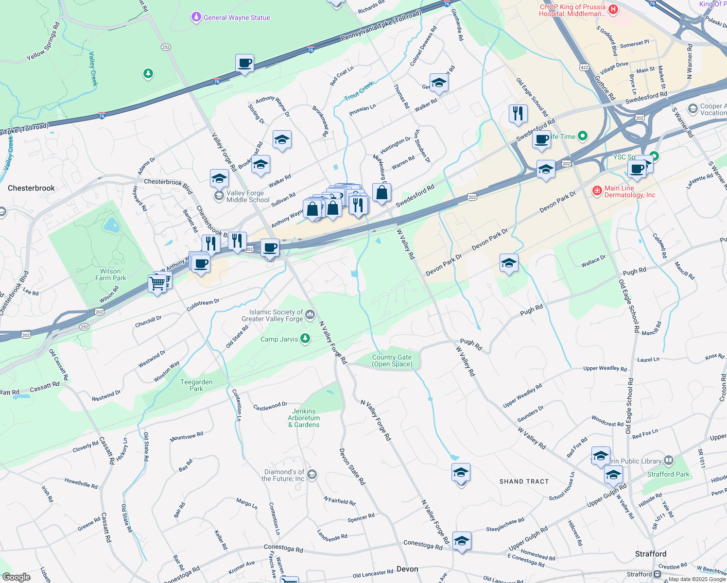 map of restaurants, bars, coffee shops, grocery stores, and more near 505 Old Forge Crossing in Wayne