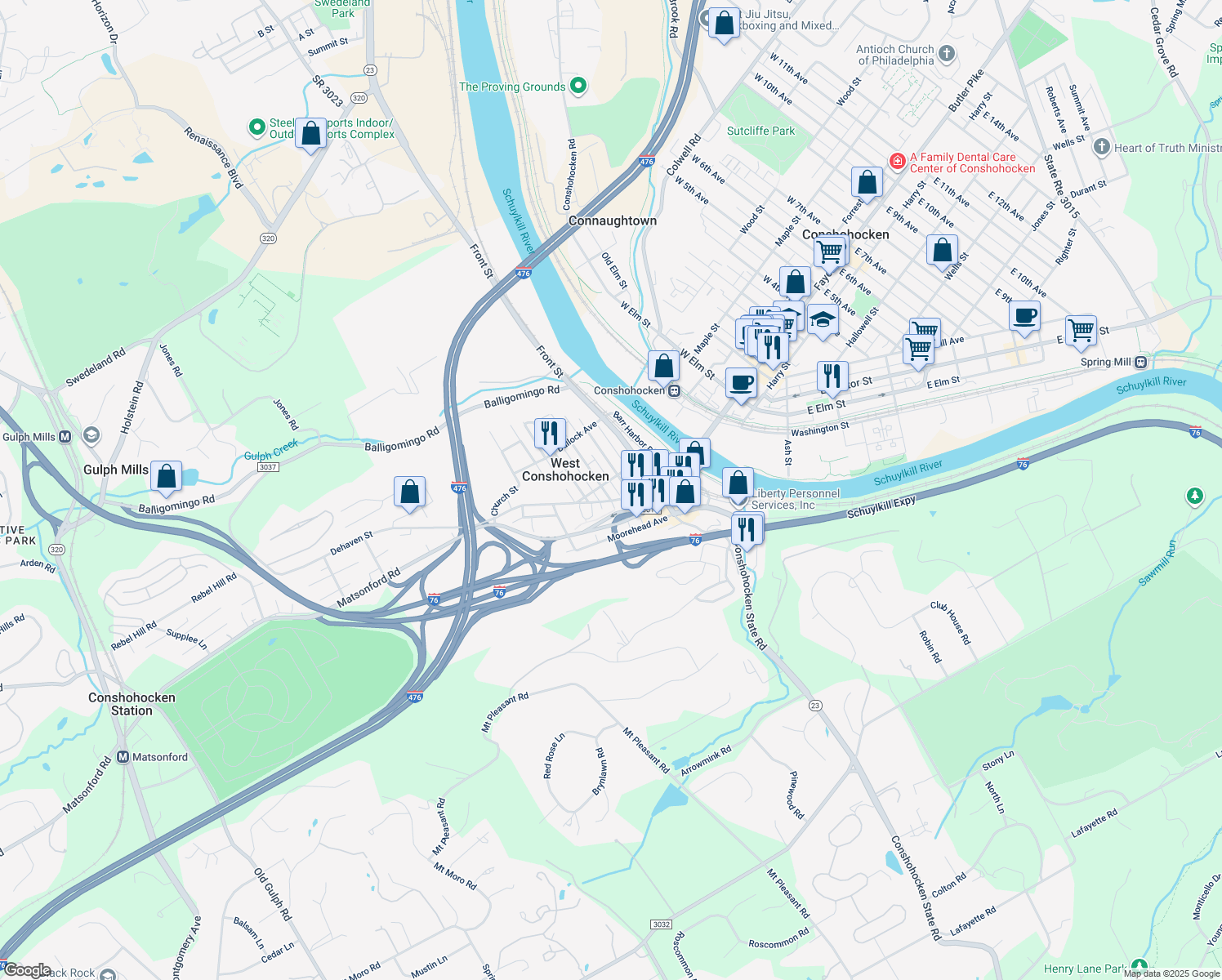 map of restaurants, bars, coffee shops, grocery stores, and more near 12 Cedar Ave in West Conshohocken