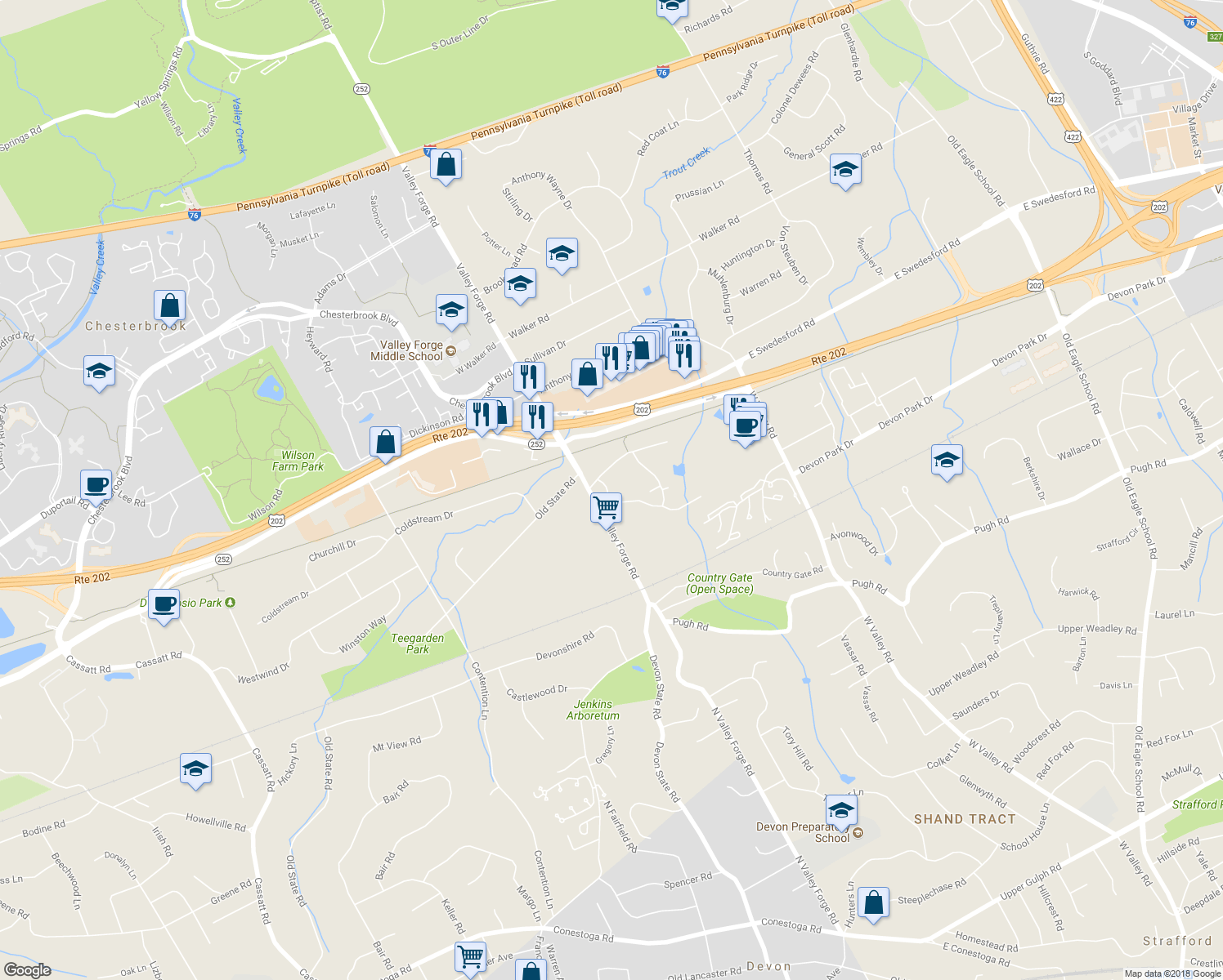 map of restaurants, bars, coffee shops, grocery stores, and more near 297 Old Forge Crossing in Devon