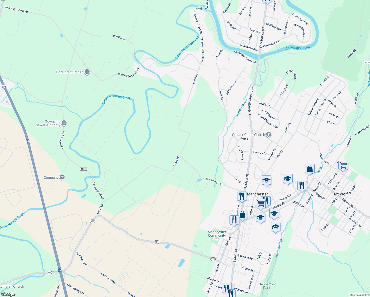 map of restaurants, bars, coffee shops, grocery stores, and more near 1435 Canal Road in Manchester