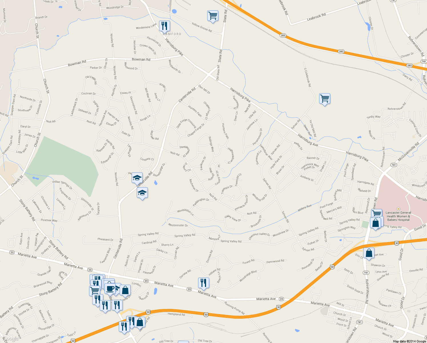 map of restaurants, bars, coffee shops, grocery stores, and more near 171 Ridings Way in Lancaster