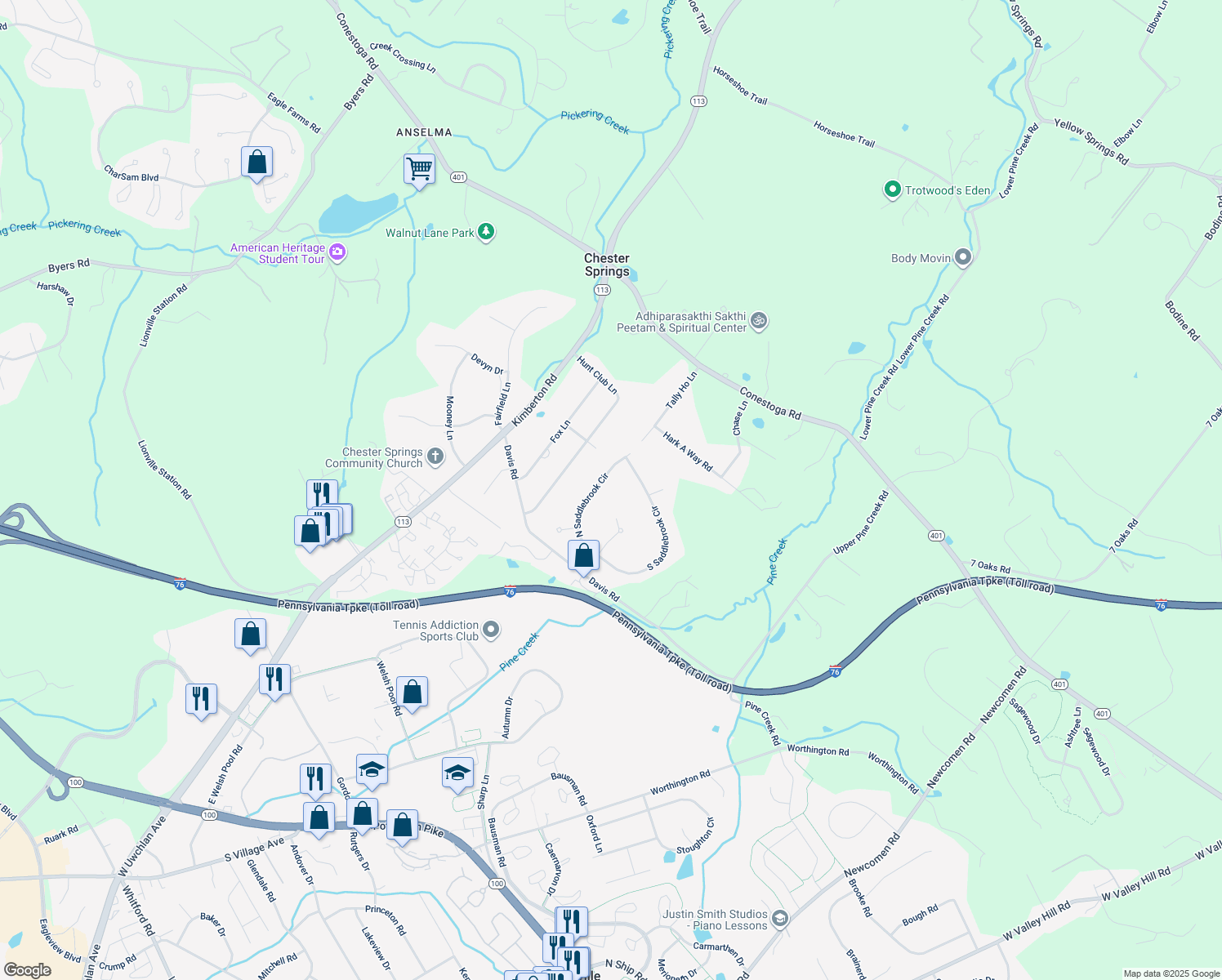 map of restaurants, bars, coffee shops, grocery stores, and more near 414 North Saddlebrook Circle in Chester Springs