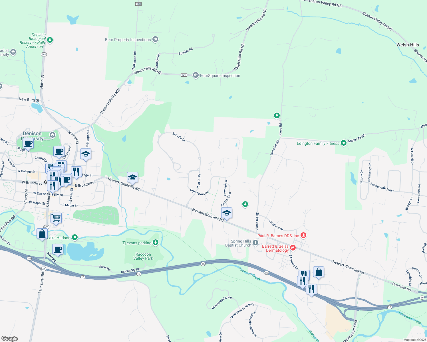 map of restaurants, bars, coffee shops, grocery stores, and more near 110 Bedwen Bach Lane in Granville