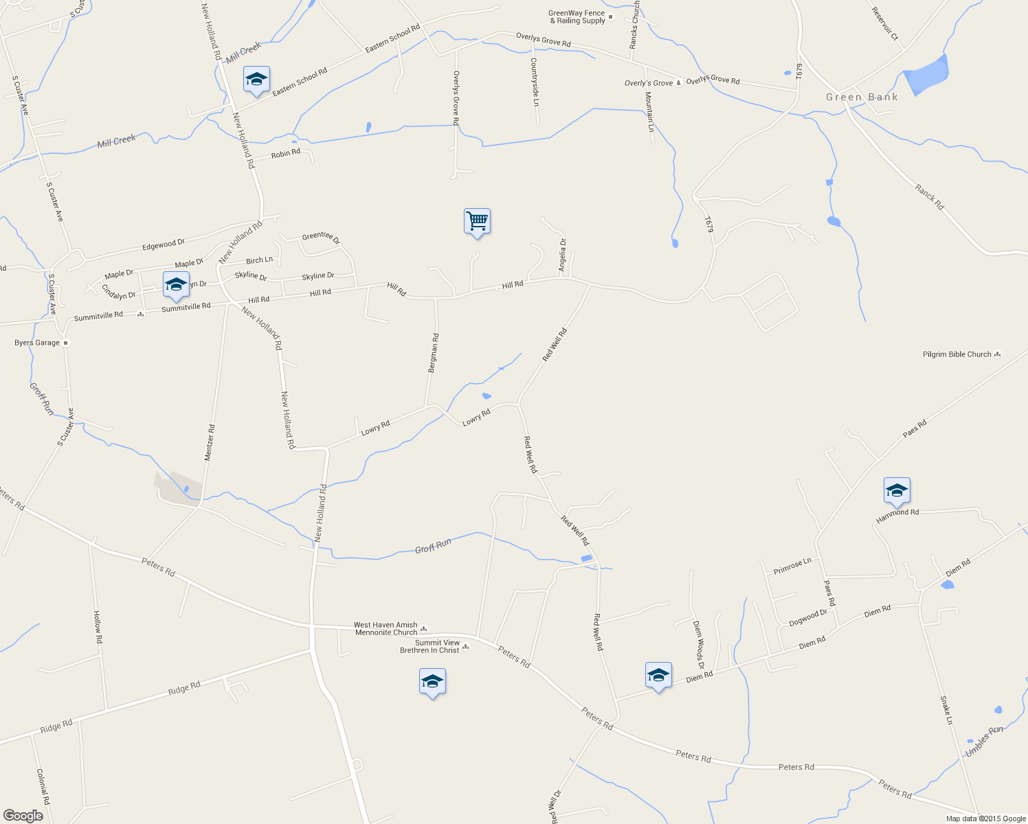 map of restaurants, bars, coffee shops, grocery stores, and more near 186 Red Well Road in New Holland