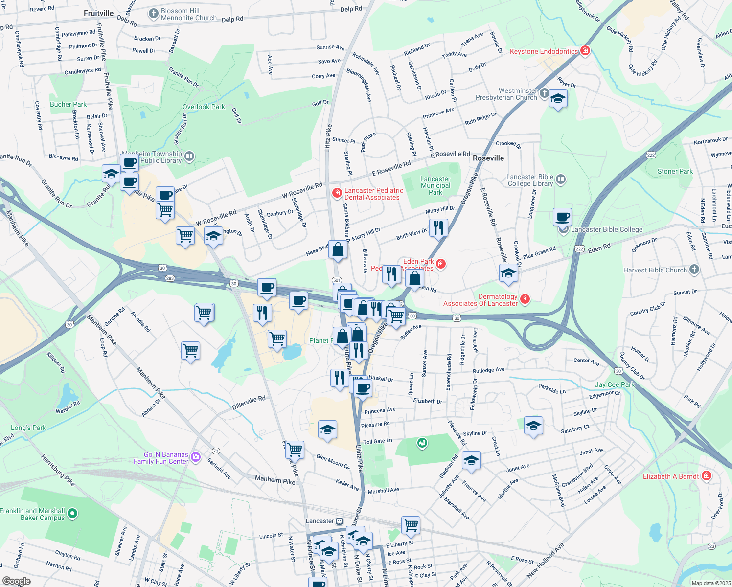 map of restaurants, bars, coffee shops, grocery stores, and more near 1646 Santa Barbara Drive in Lancaster