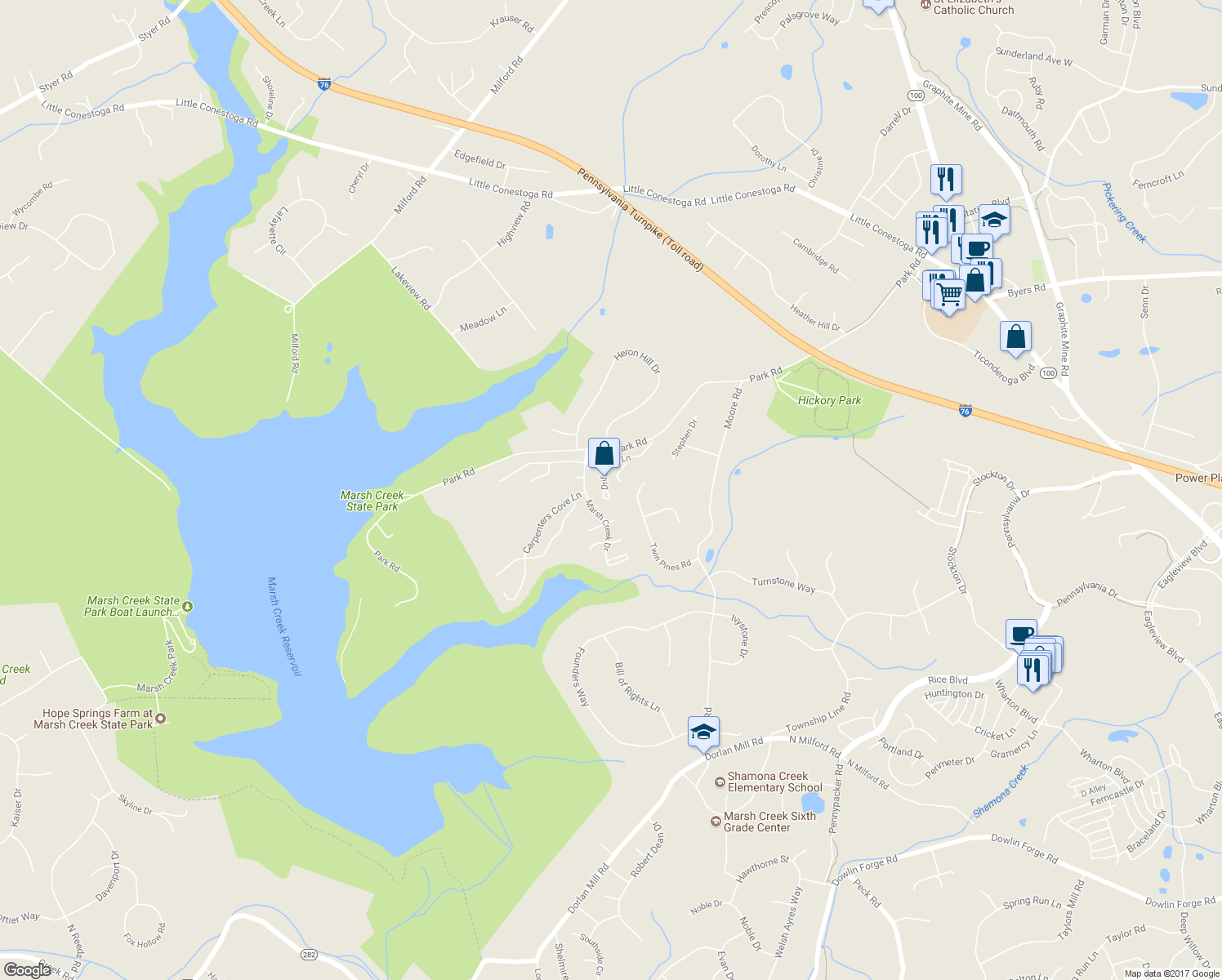 map of restaurants, bars, coffee shops, grocery stores, and more near 606 Driftwood Lane in Downingtown