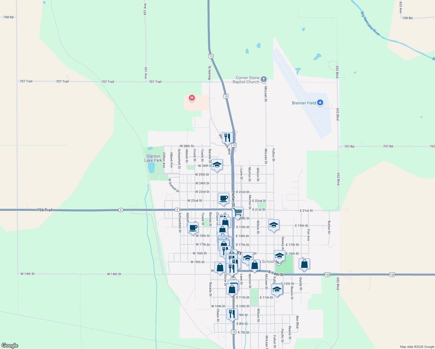 map of restaurants, bars, coffee shops, grocery stores, and more near 2498 Chase Street in Falls City