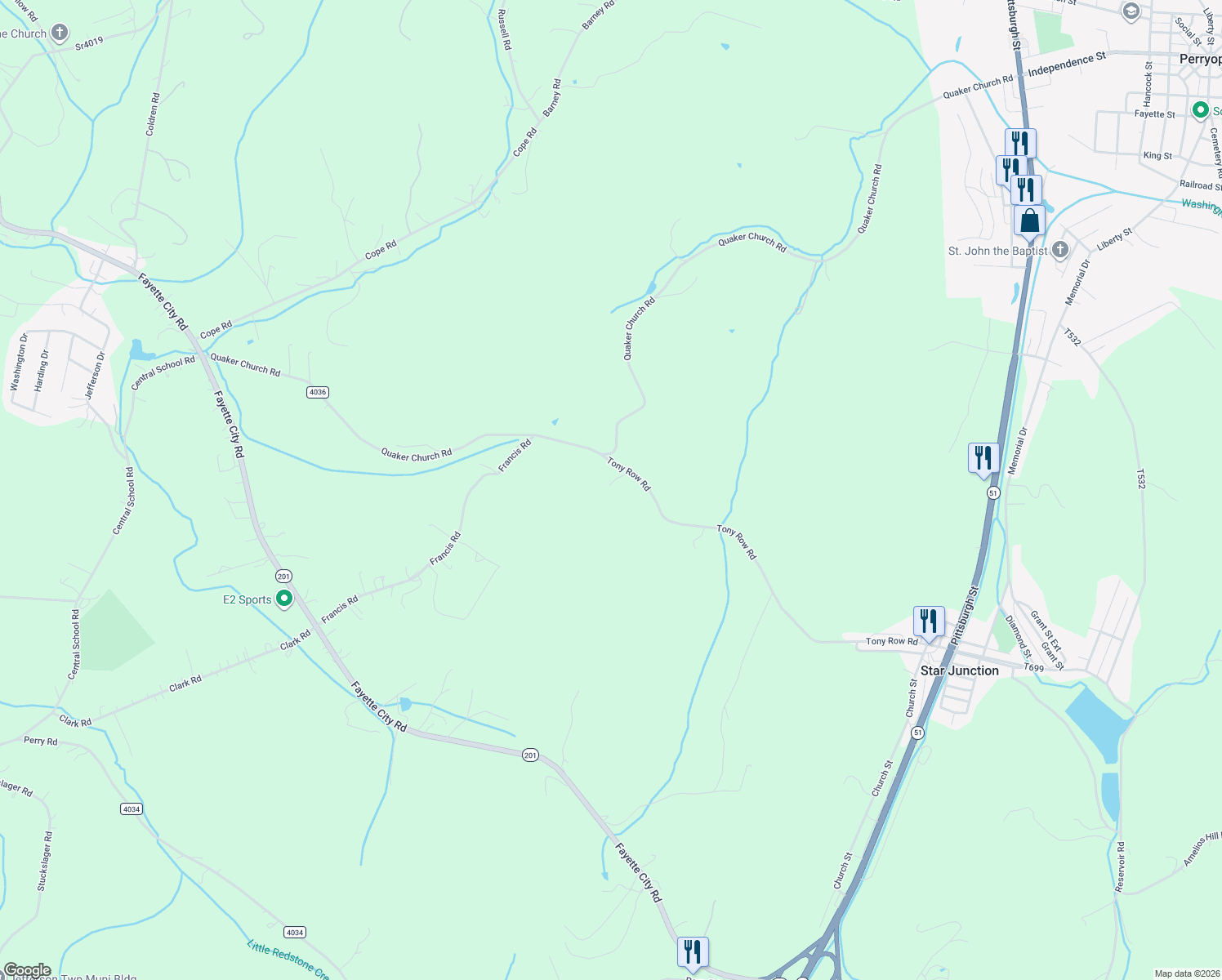 map of restaurants, bars, coffee shops, grocery stores, and more near 336 Tony Row Road in Perryopolis