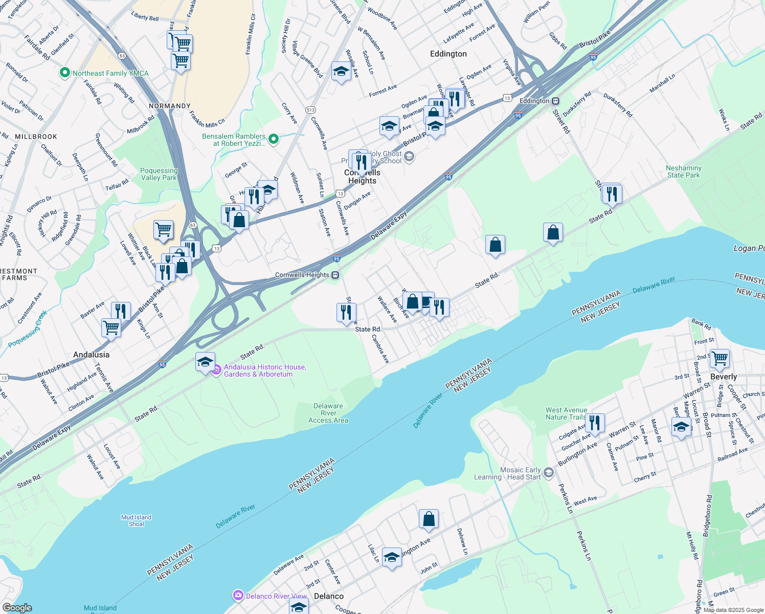map of restaurants, bars, coffee shops, grocery stores, and more near 506 Wallace Avenue in Bensalem
