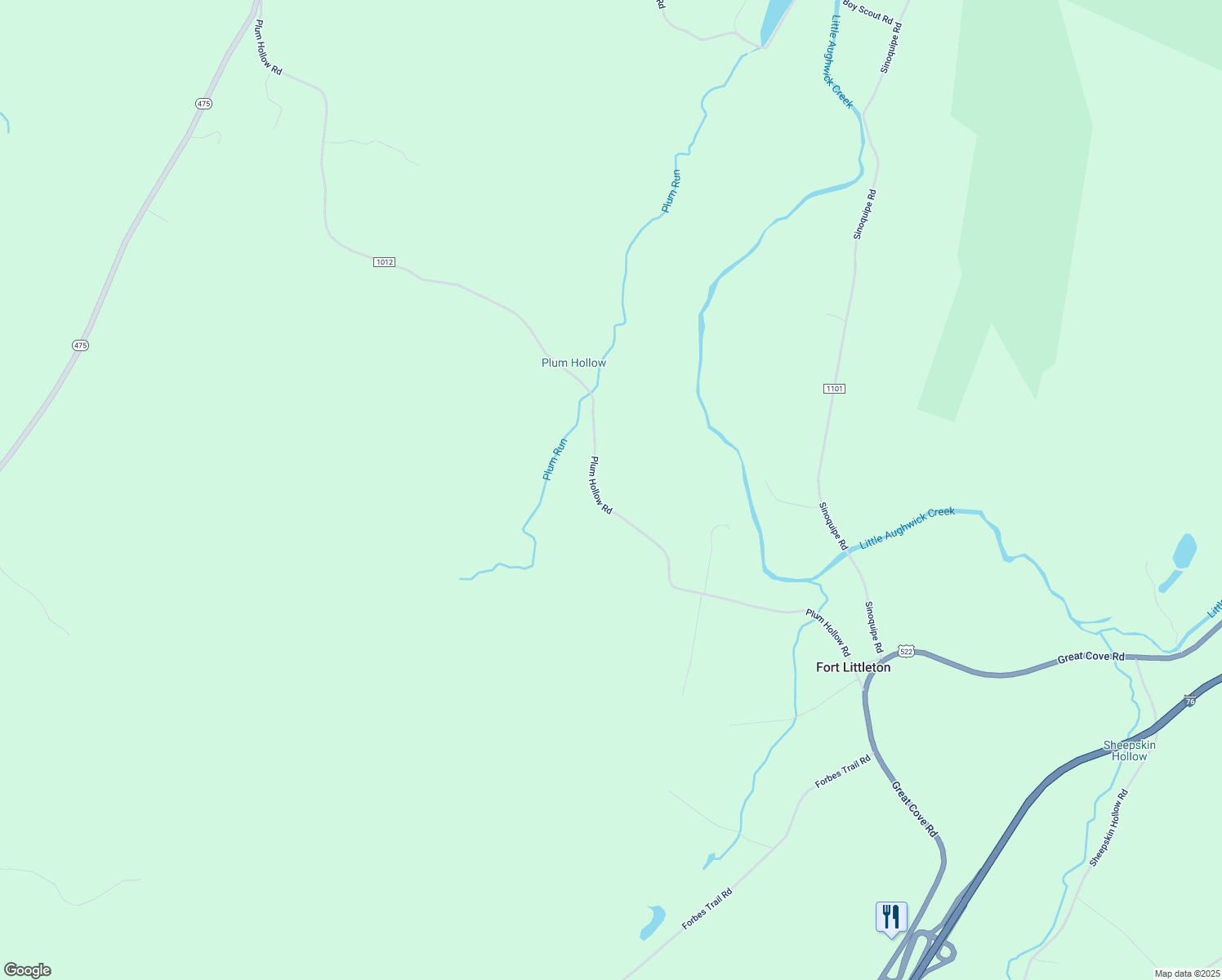map of restaurants, bars, coffee shops, grocery stores, and more near 2141 Plum Hollow Road in Fort Littleton