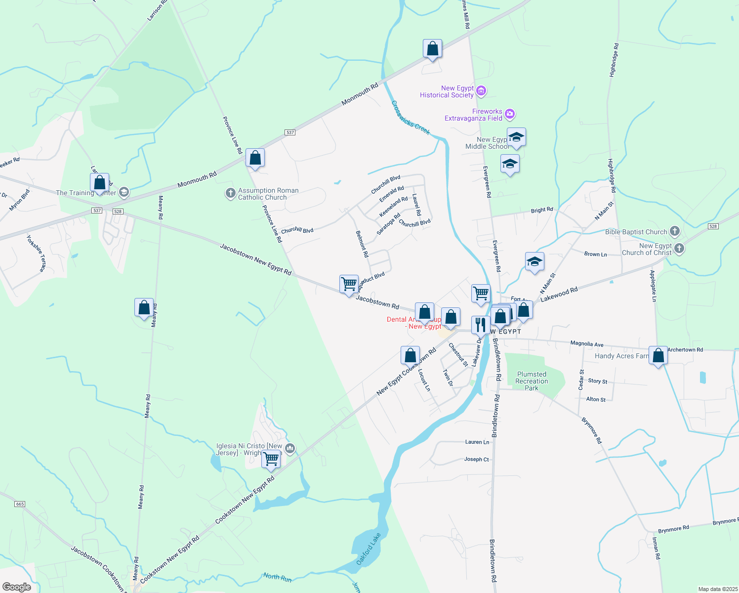map of restaurants, bars, coffee shops, grocery stores, and more near 71 Jacobstown Road in Plumsted Township