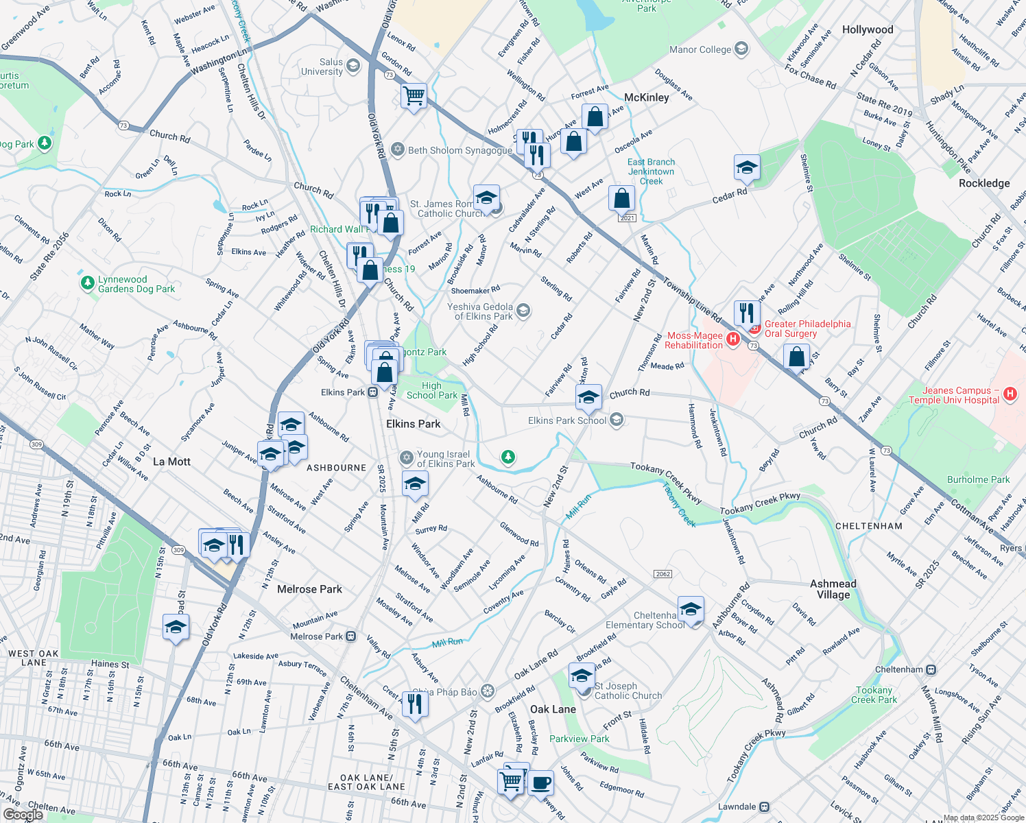 map of restaurants, bars, coffee shops, grocery stores, and more near 238 Church Rd in Elkins Park
