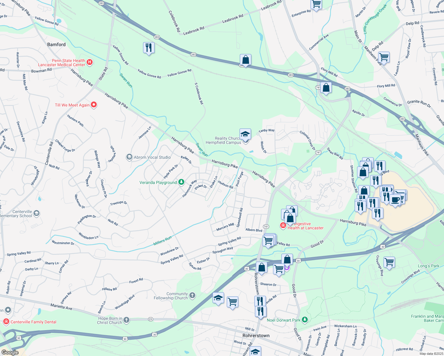 map of restaurants, bars, coffee shops, grocery stores, and more near 1530 Parvin Road in Lancaster