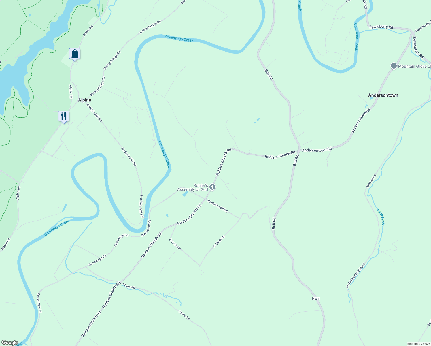 map of restaurants, bars, coffee shops, grocery stores, and more near 6411 Bluebird Lane in Dover
