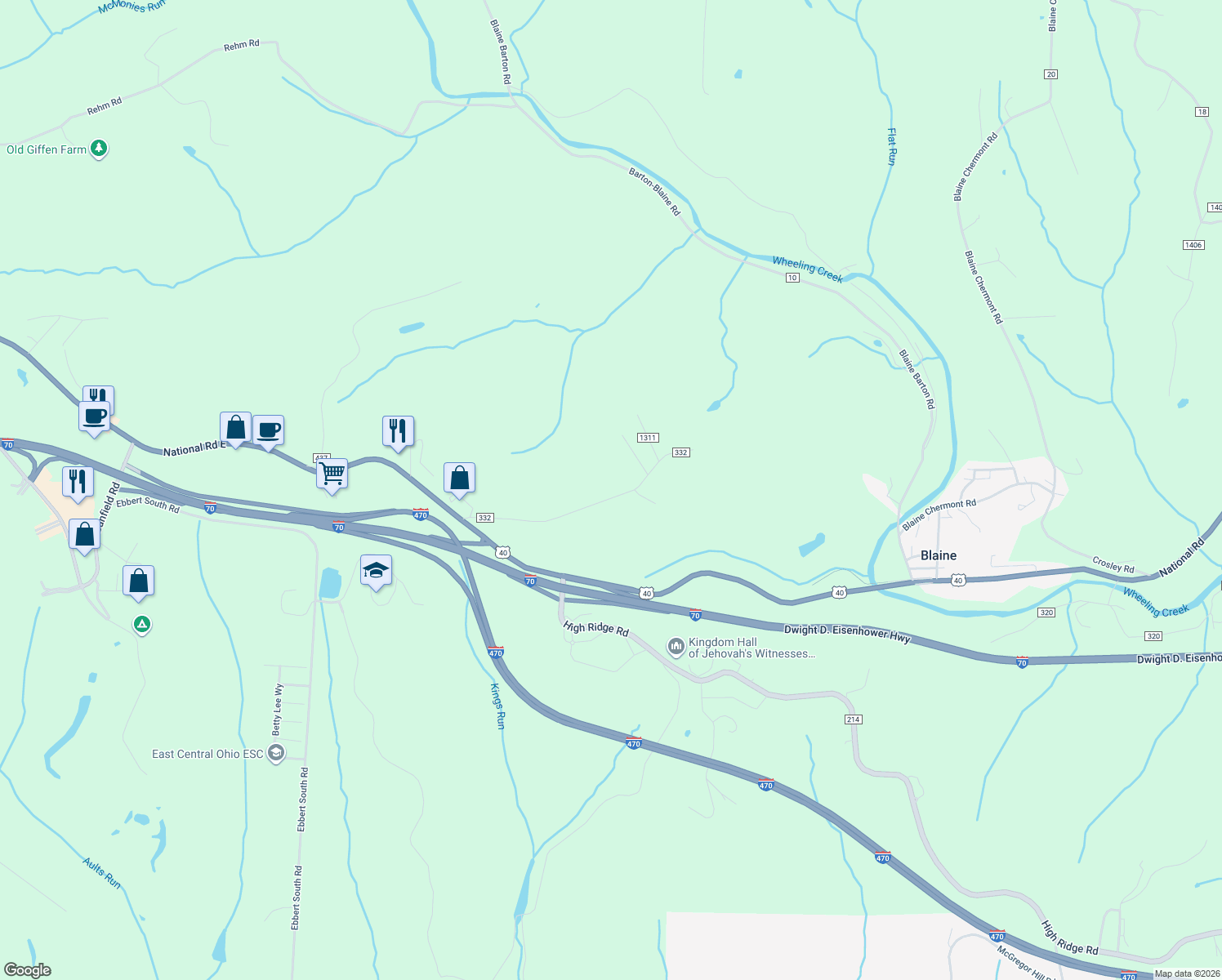 map of restaurants, bars, coffee shops, grocery stores, and more near 52745 Summit Avenue in Saint Clairsville