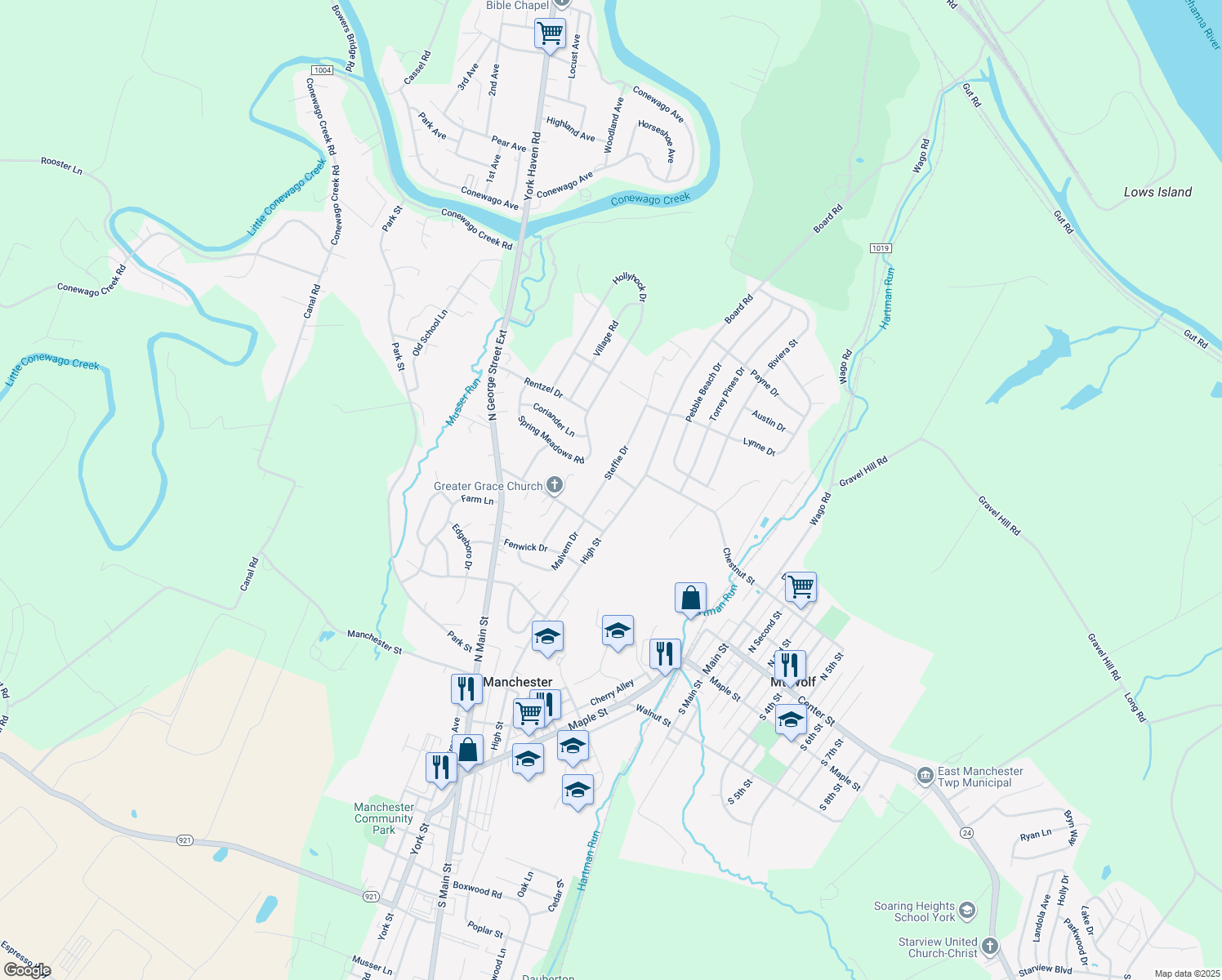 map of restaurants, bars, coffee shops, grocery stores, and more near 55 Steffie Drive in Mount Wolf