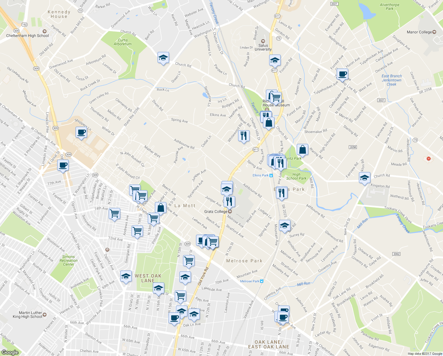 map of restaurants, bars, coffee shops, grocery stores, and more near 621 Stetson Rd in Elkins Park